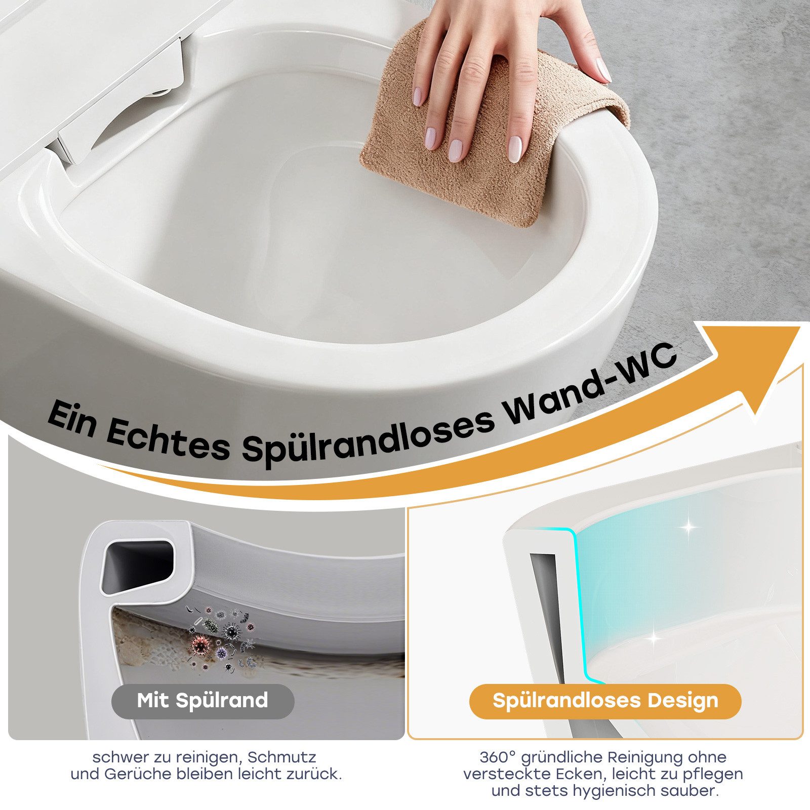 HOROW Dusch-WC Intelligente WC mit Bidet Funktion, Wand-WC, Japanische spülrandlos WC, Wand WC, Abgang waagerecht, mit Warmwasser, Beheizter Sitz, Instellbarem Wasserdruck, Warme Lufttrocknung, Damenpflege