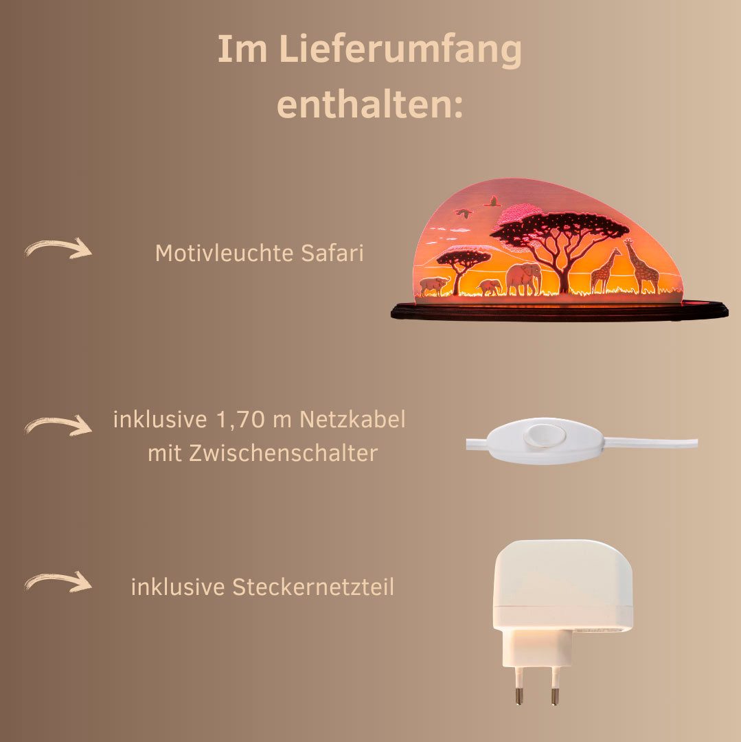 Weigla LED Dekolicht Safari, Holz & Acrylglas, ROT-NATUR-BRAUN, Made in Germany, LED wechselbar, Neutralweiß, Erzgebirge garantiert, afrikanische Deko Innen, Dekolampe