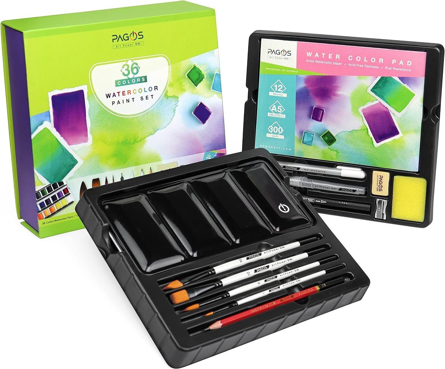 PAGOS Aquarellfarbe Aquarellfarben Set Profi 36 Festes Pigment Malkasten, Aquarellpapiere für Künstler, Studenten, Erwachsene Wasserfarben
