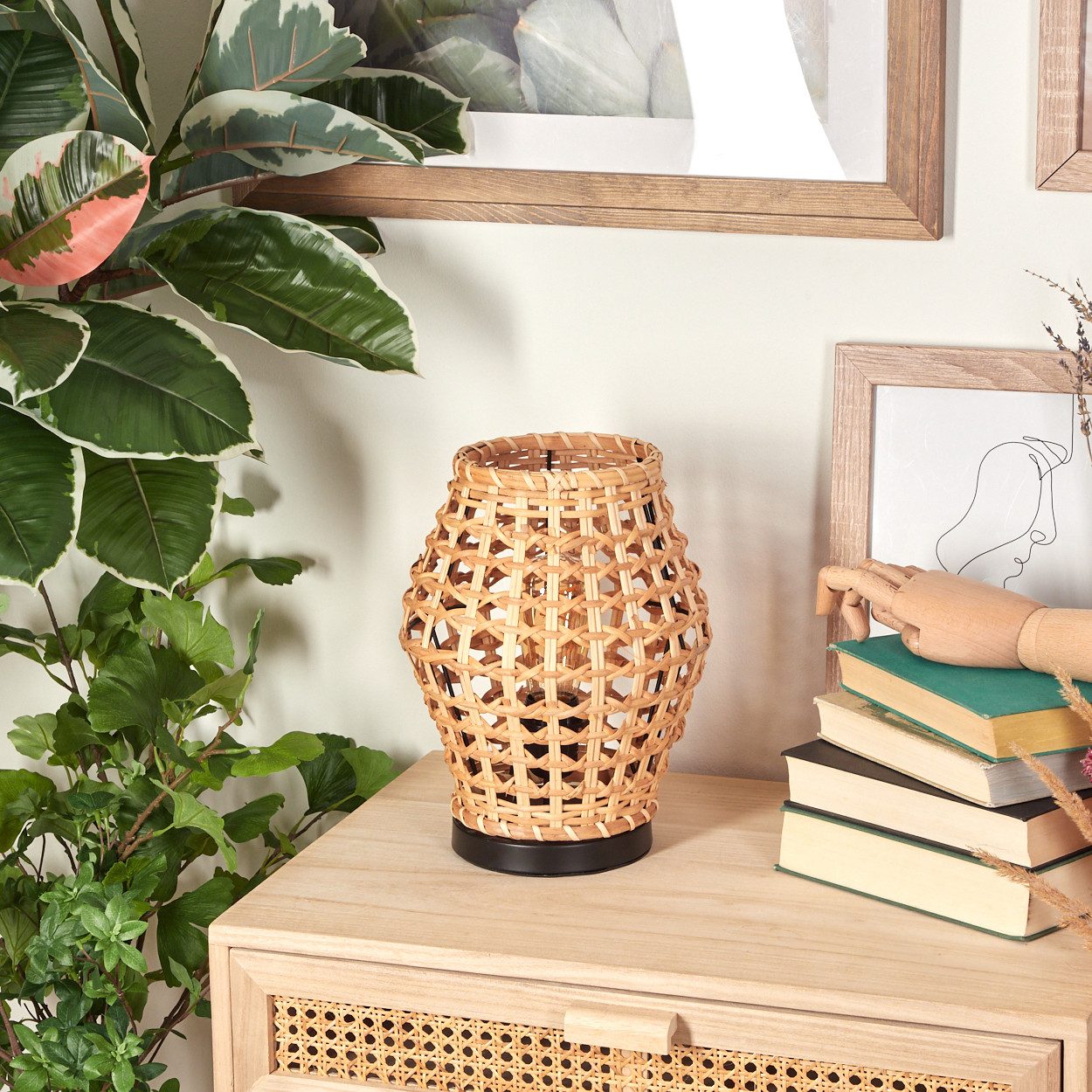 hofstein Tischleuchte Tischlampe aus Metall/Rattan in Schwarz/Natur im Vint günstig online kaufen