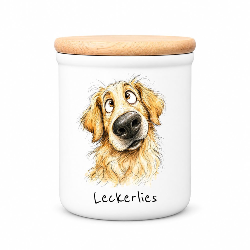 Cadouri Vorratsdose GOLDEN RETRIEVER - Leckerlidose Hund - für Hundekekse, Keramik, (Leckerlidose mit Hunderasse, 2-tlg., 1x Keramikdose mit Holzdeckel), Hundekeksdose, handgefertigt in Deutschland, für Hundebesitzer, 400 ml