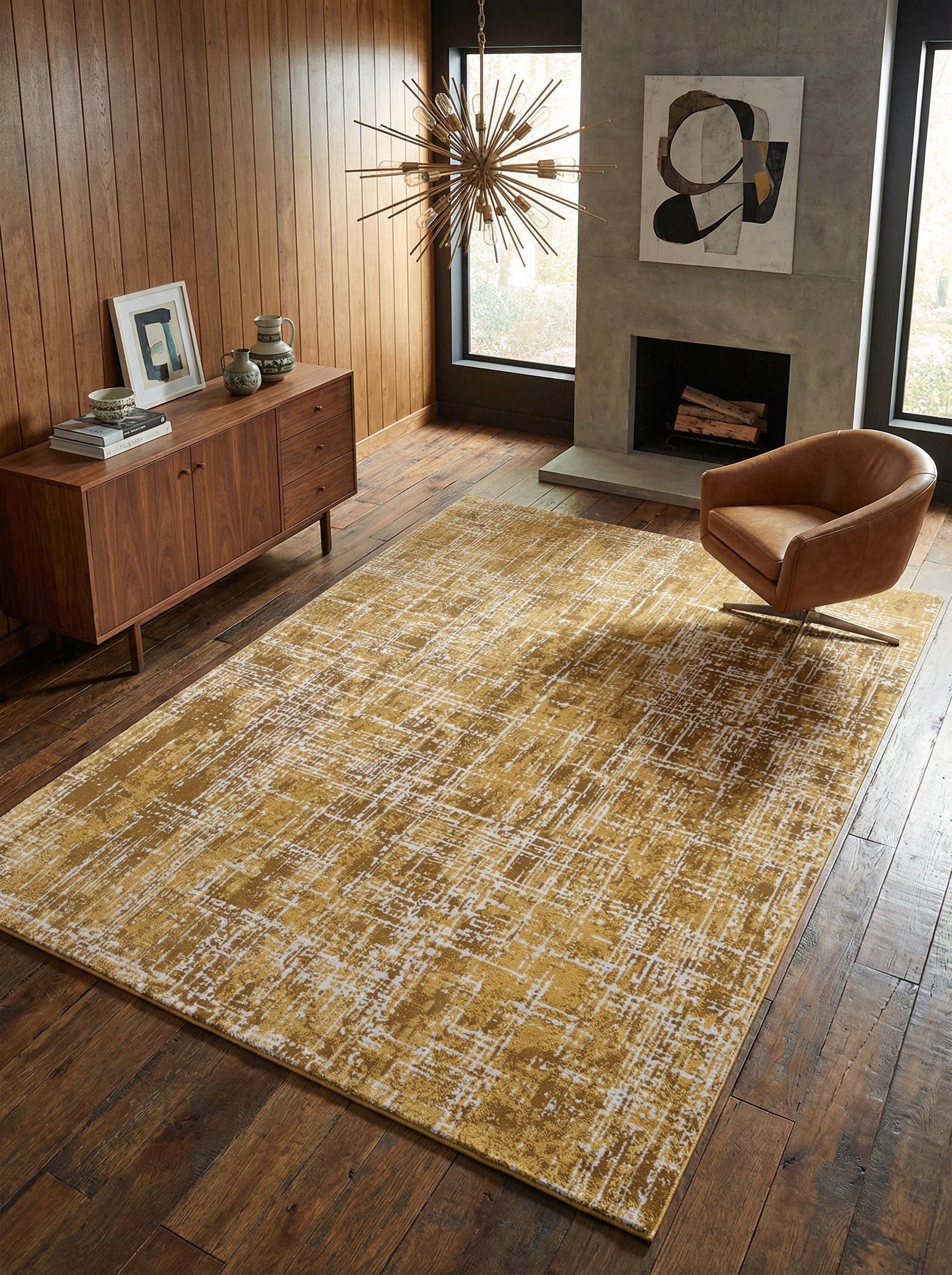 KADIMA DESIGN Teppich Veloursteppich mit Textur, Abstraktes Muster, Senfgelb/Dunkelblau, Rechteckig, Höhe: 13 mm, Rutschfester Latexrücken, Pflegeleicht, Strapazierfähig