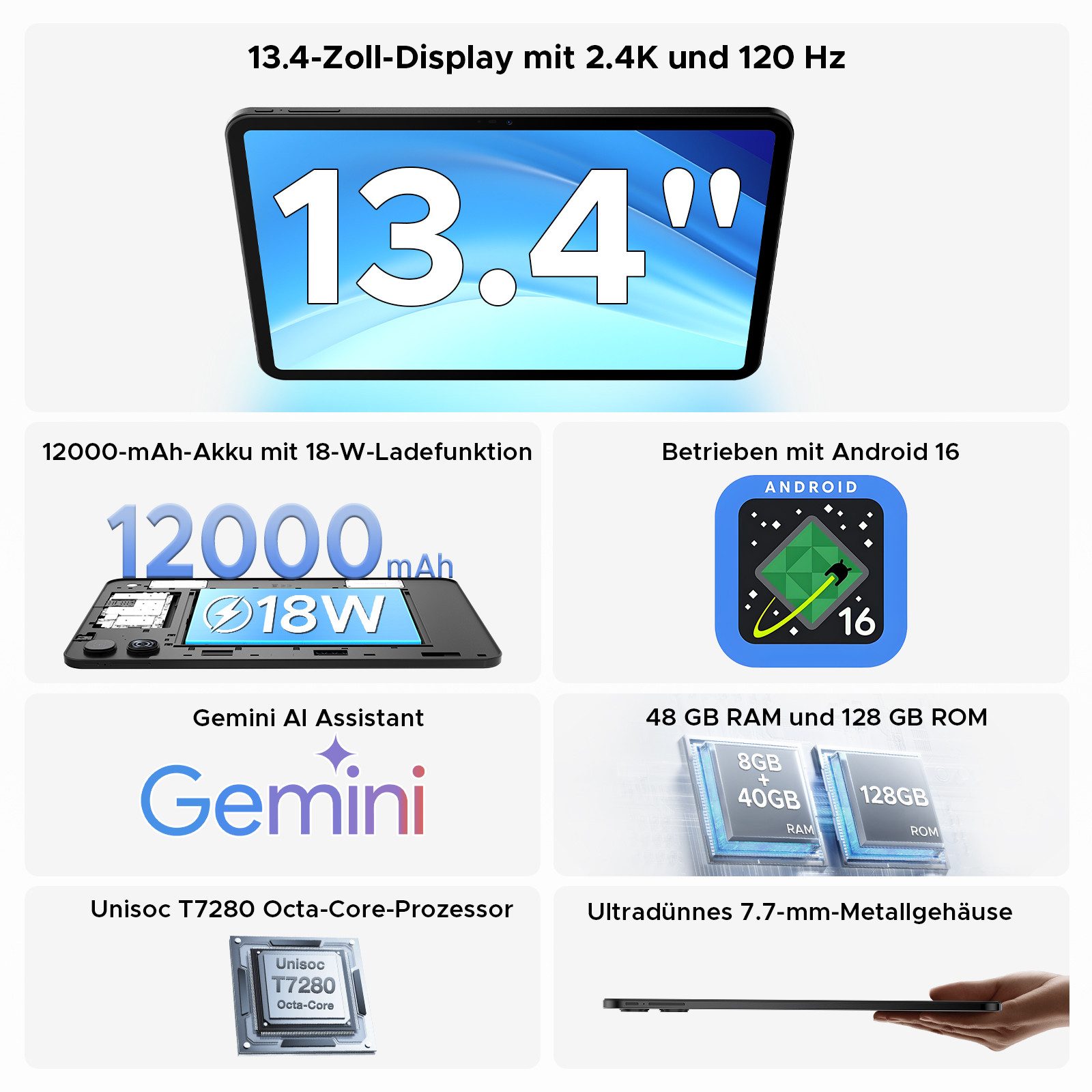 POCKAM P13 13.4" 2.4K 120Hz Tablet mit Tastatur, 12000mAh, 128GB ROM Tablet (13.4", 128 GB, Android 16, WiFi, Android 16 mit Gemini AI, Widevine L1, 13MP + 8MP, Dual-Lautsprecher)
