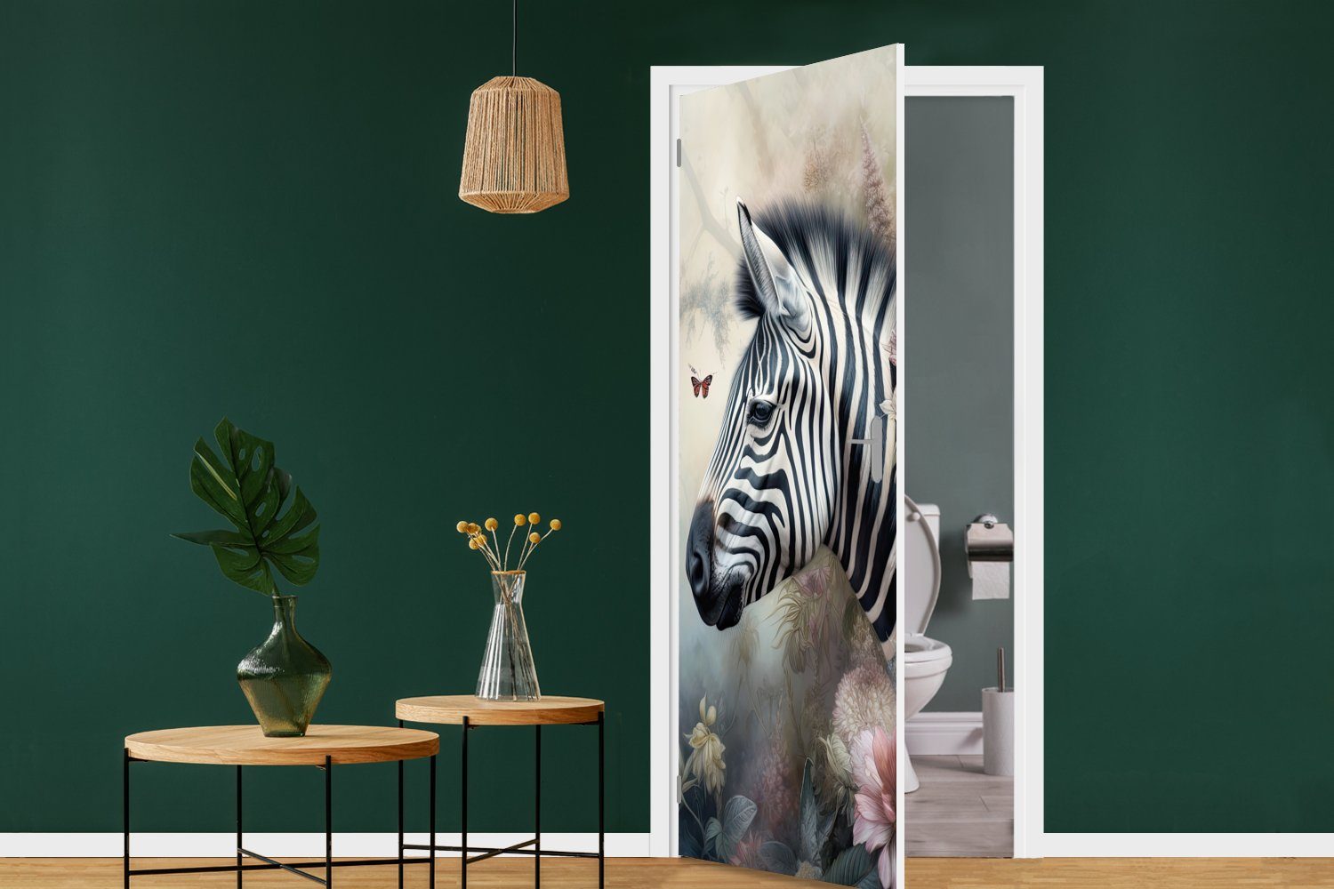Wilde - für Türtapete Zebra St), (1 MuchoWow - Tür, - 75x205 Fototapete bedruckt, cm Türaufkleber, Matt, Blumen, Tiere Schmetterling