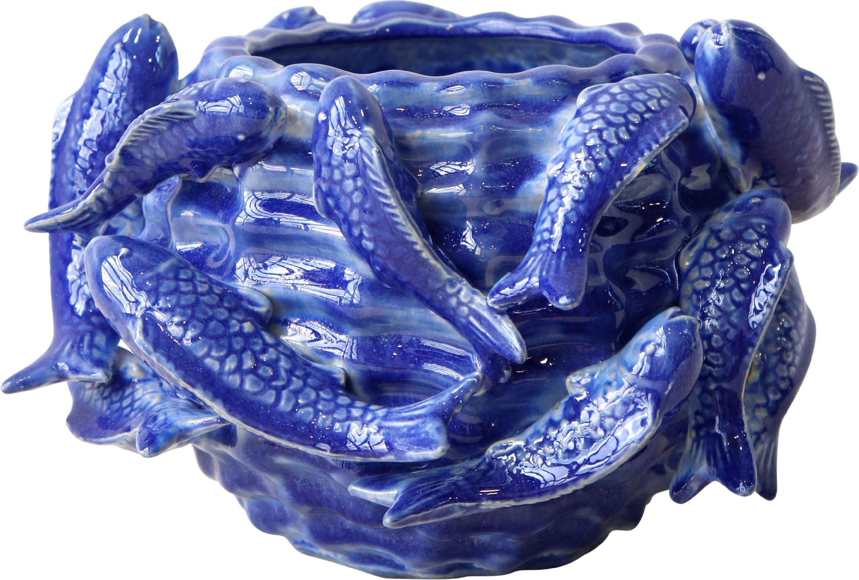 FURNARO Übertopf, mit plastischen Fischdekor in blau aus Keramik ø27x16cm