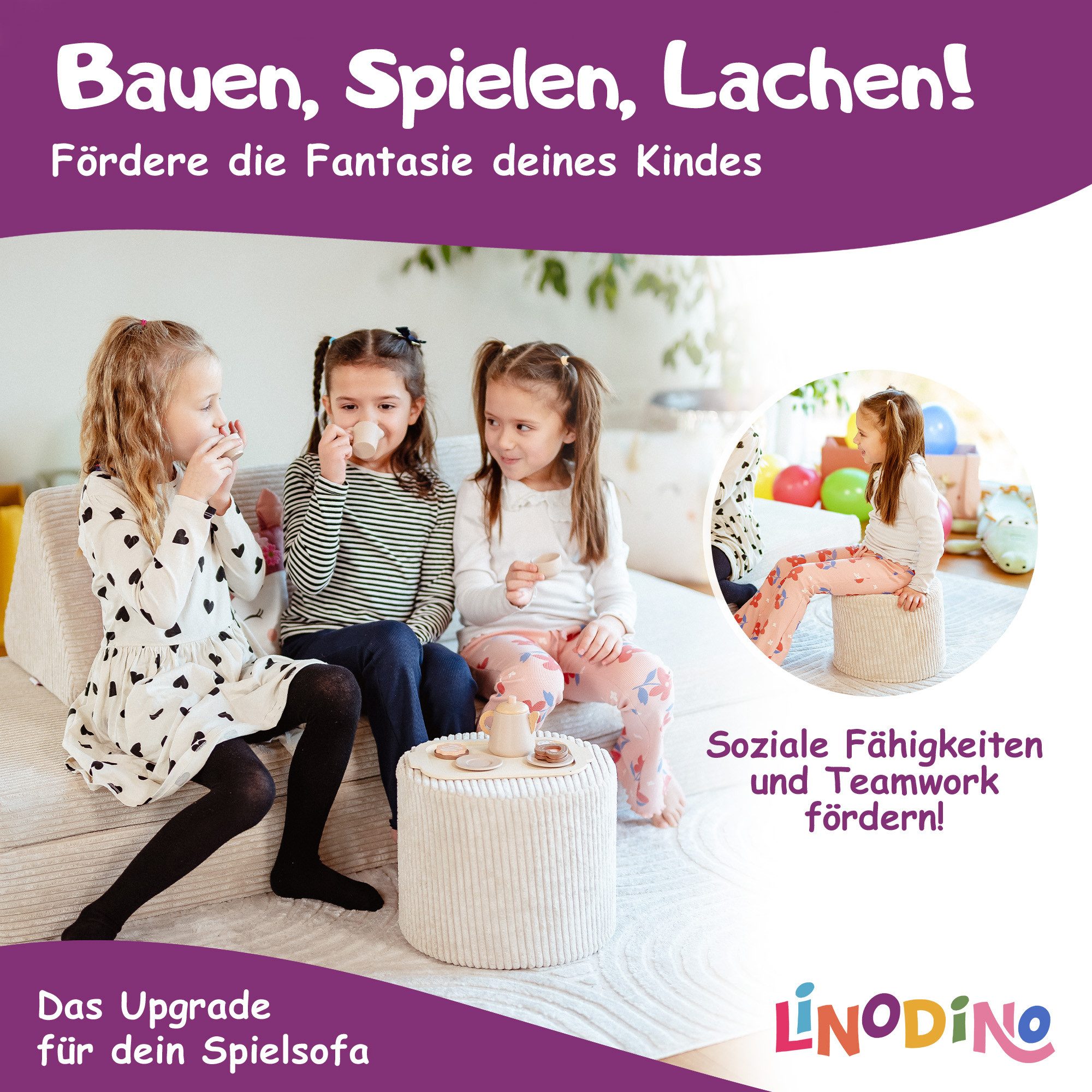 Linodino Kindersofa Knuffelpouf – gemütliches Spielsofa Add-on Bauteil zur Erweiterung