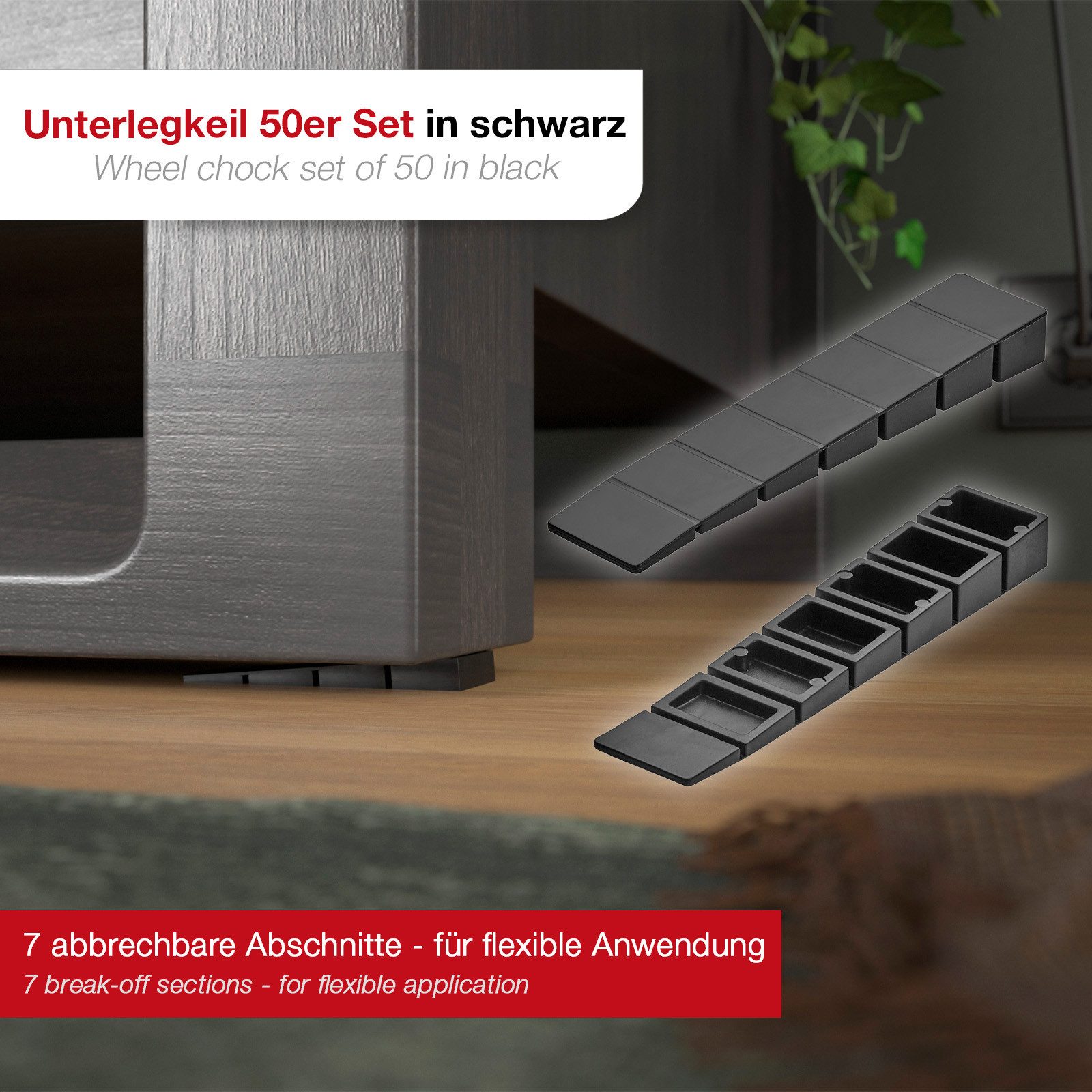 SO-TECH® Montagekeil Möbelkeile zum Ausgleich 1,2 - 7,5 mm Höhenunterschied, (50-St), Unterlegkeile mit Sollbruchstellen, Kunststoff, schwarz