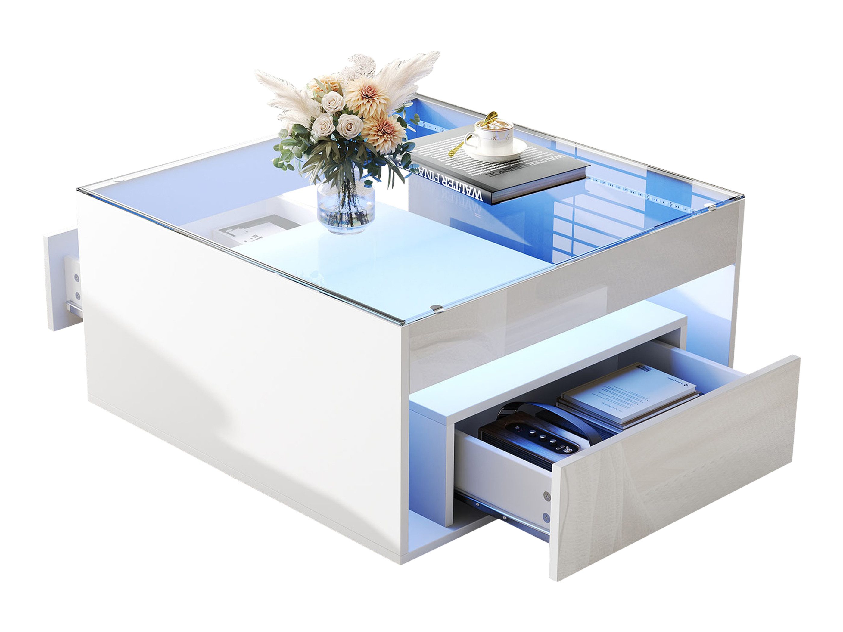 SeedWave Couchtisch Quadratischer Sofatisch 75cm, mit Glas-Tischplatte & LED-Beleuchtung, 2 Schubladen mit Hochglanzfronten