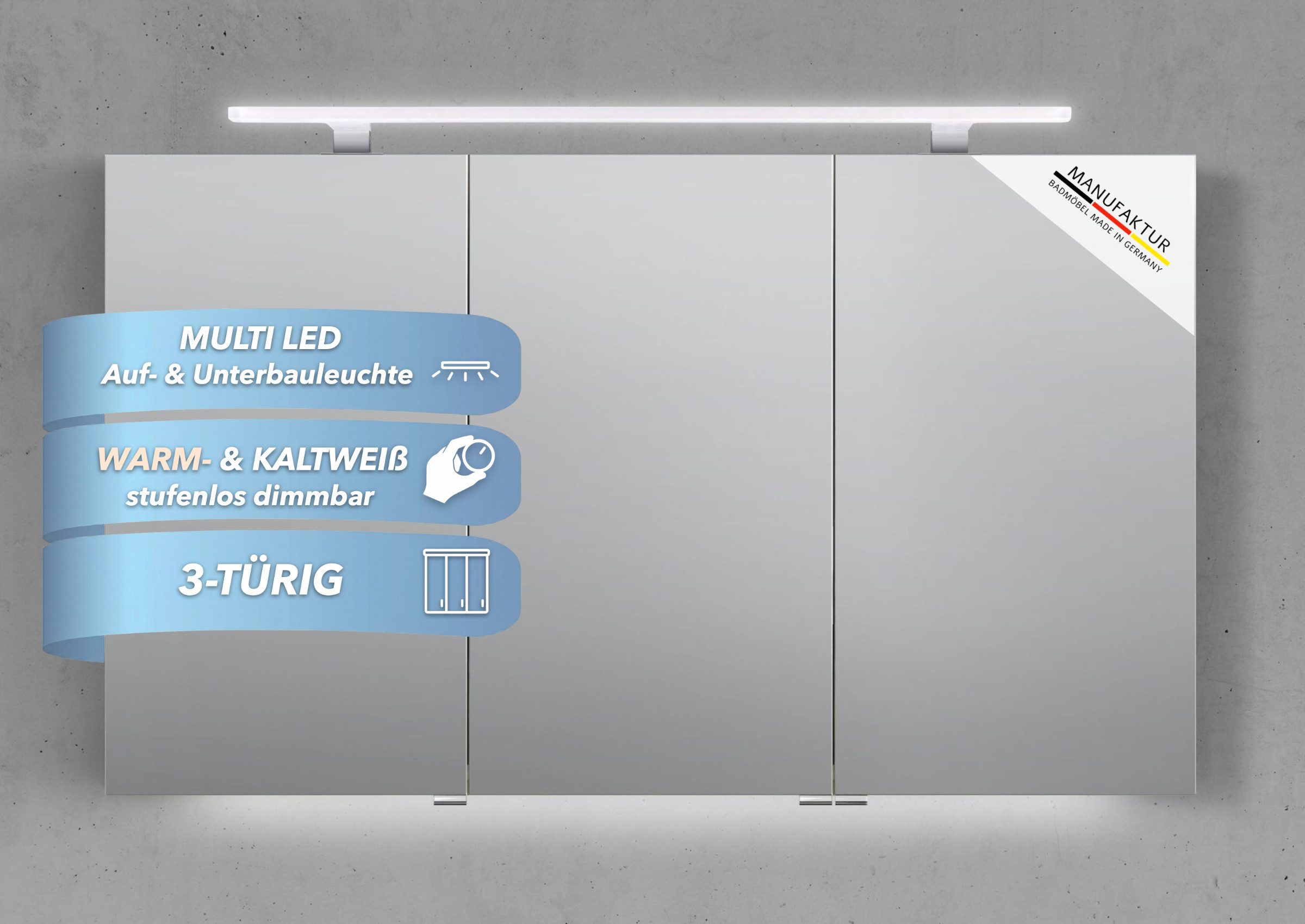 Intarbad Badezimmerspiegelschrank 3-türiger Spiegelschrank mit MULTI LED Acryl Aufsatzleuchte, dimmbar (Doppelspiegeltüren, Holz-/ Lackdekore, Maße von 120 bis 140 cm wählbar, Höhe 70 cm, Glasfachböden, Magnetleiste & Kosmetikspiegel Ø 12 cm) Vormontierte Lieferung, Floatglas, 160 kg Traglast, Made in Germany