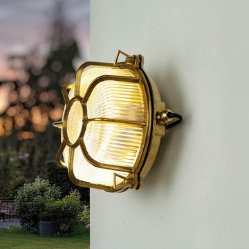 Licht-Erlebnisse Außen-Wandleuchte SIFNOS, ohne Leuchtmittel, Wandlampe Rund Messing Glas geriffelt maritim IP64 Außenwand Lampe