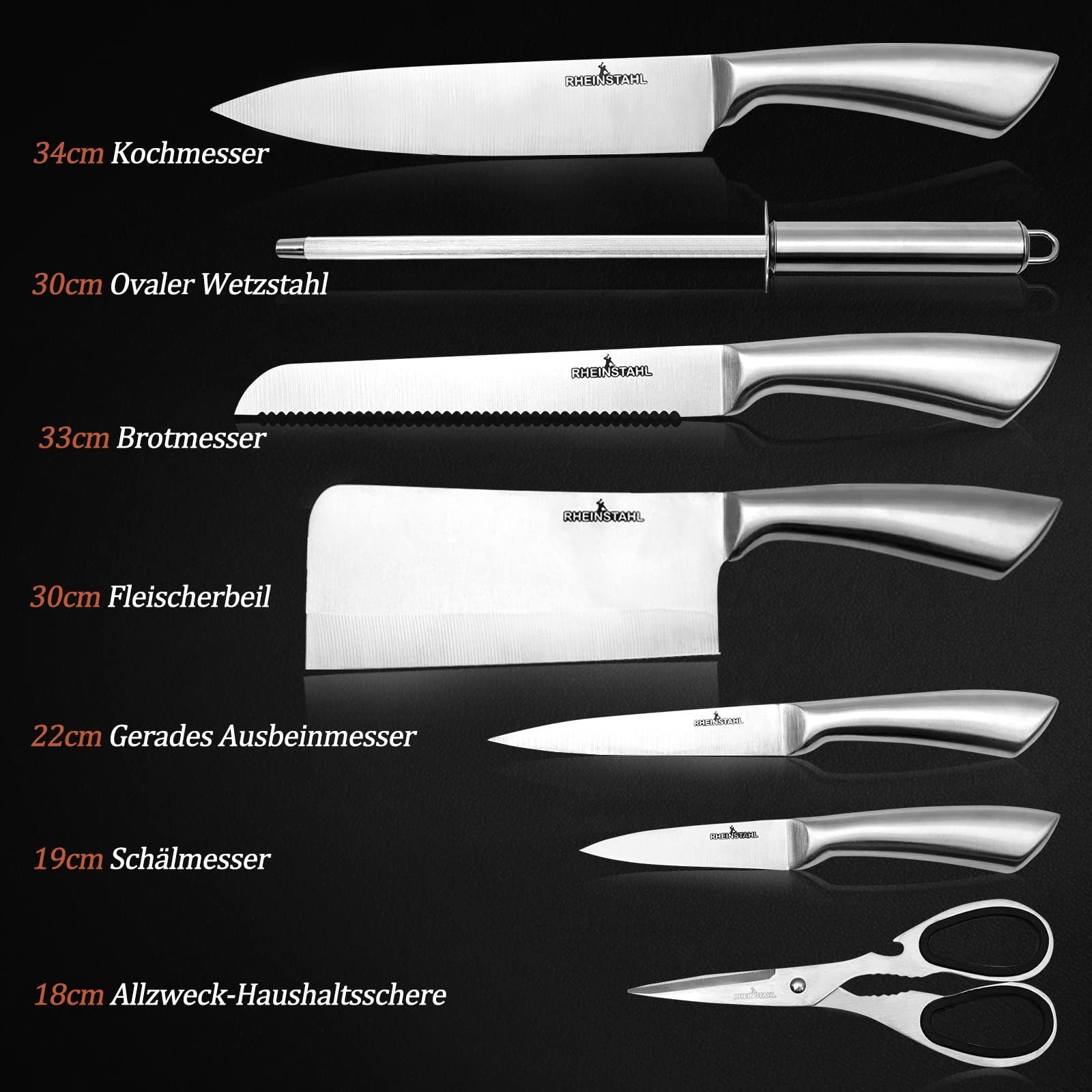 RHEINSTAHL Messer-Set mit 8 teilig, Kochmesser mit Edelstahl, Rostfrei  Kochmesser Messer, inklusive Küchenschere, Küchenmesser + Fruchtausstecher,  Brotmesser