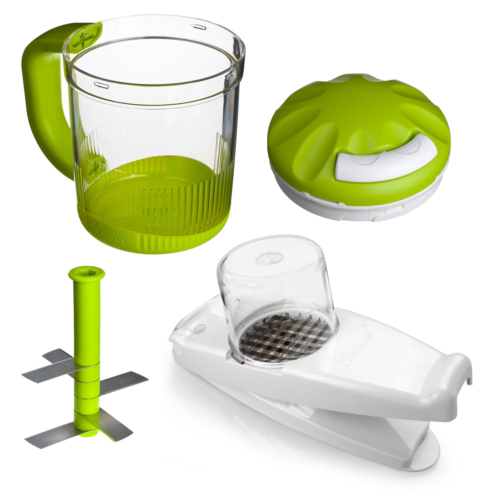Genius Gemüse-Scheibenschneider Nicer Dicer mit 14 Klingen inkl. Twist N Joy, Set 6tlg, (Spar-Set, 6-tlg), Super handlich und immer im Einsatz, inkl. 625 ml Behälter