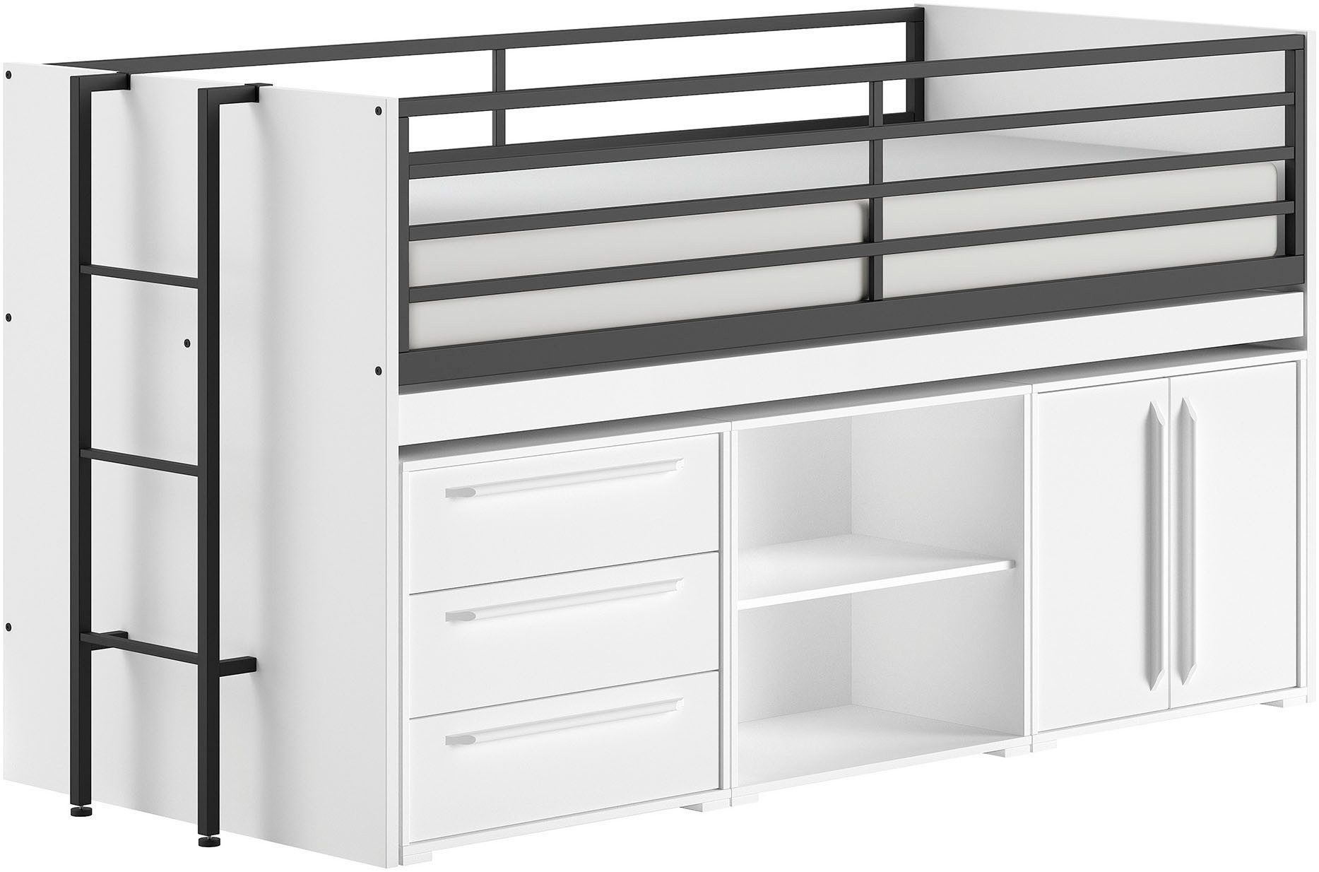 Vipack Stauraumbett Sam, schlafen und arbeiten in einem, wahlweise Eiche- oder Weiß-Dekor (Liegefläche 90x200 cm, darunter eine große ausziehbare Schreibplatte), mit Absturzschutz, Leiter u. Stauraum, pflegeleichte Dekor Oberfläche