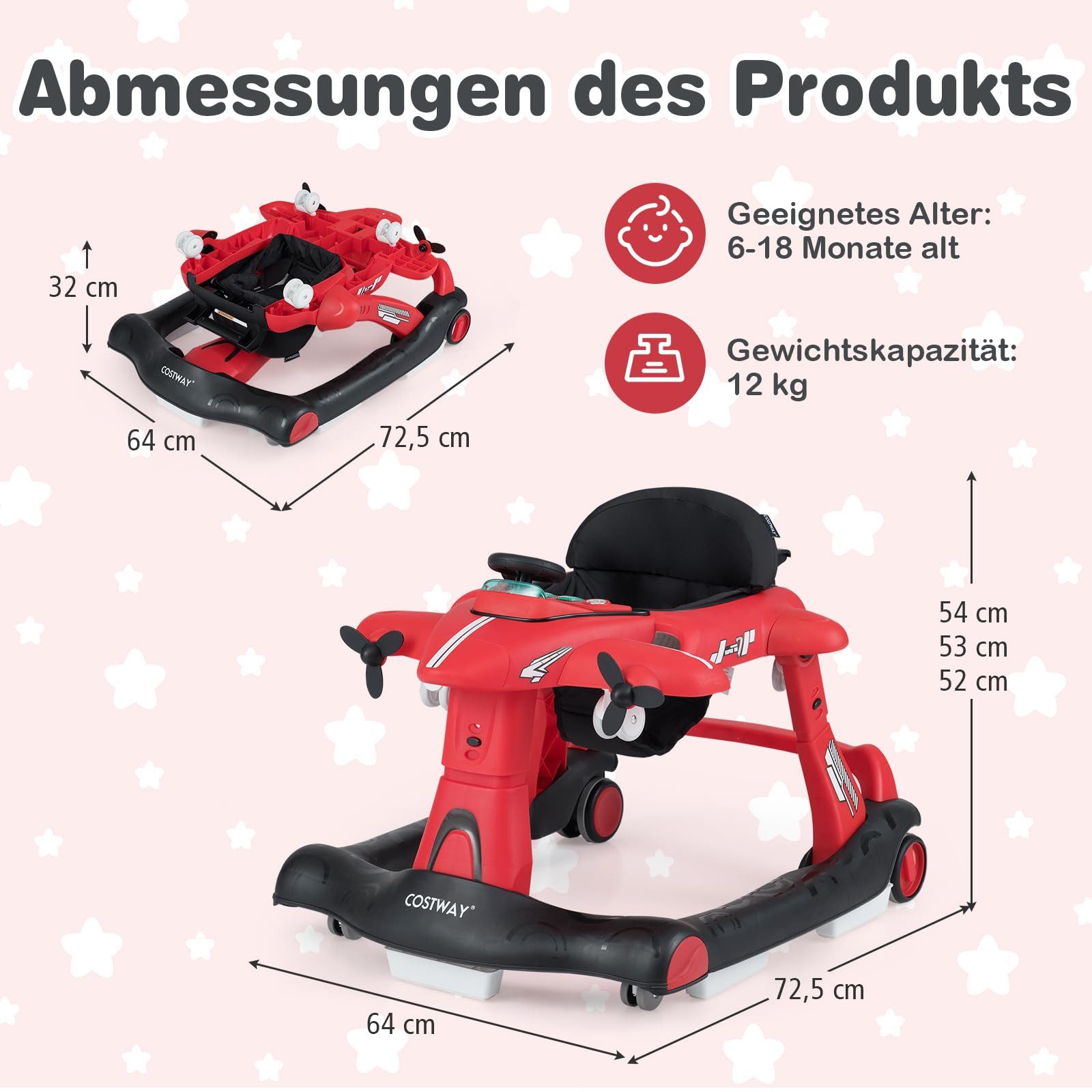 COSTWAY Lauflernhilfe, 6 in 1 mit abnehmbarer Spieluhr, Licht, ab 6 Monaten günstig online kaufen