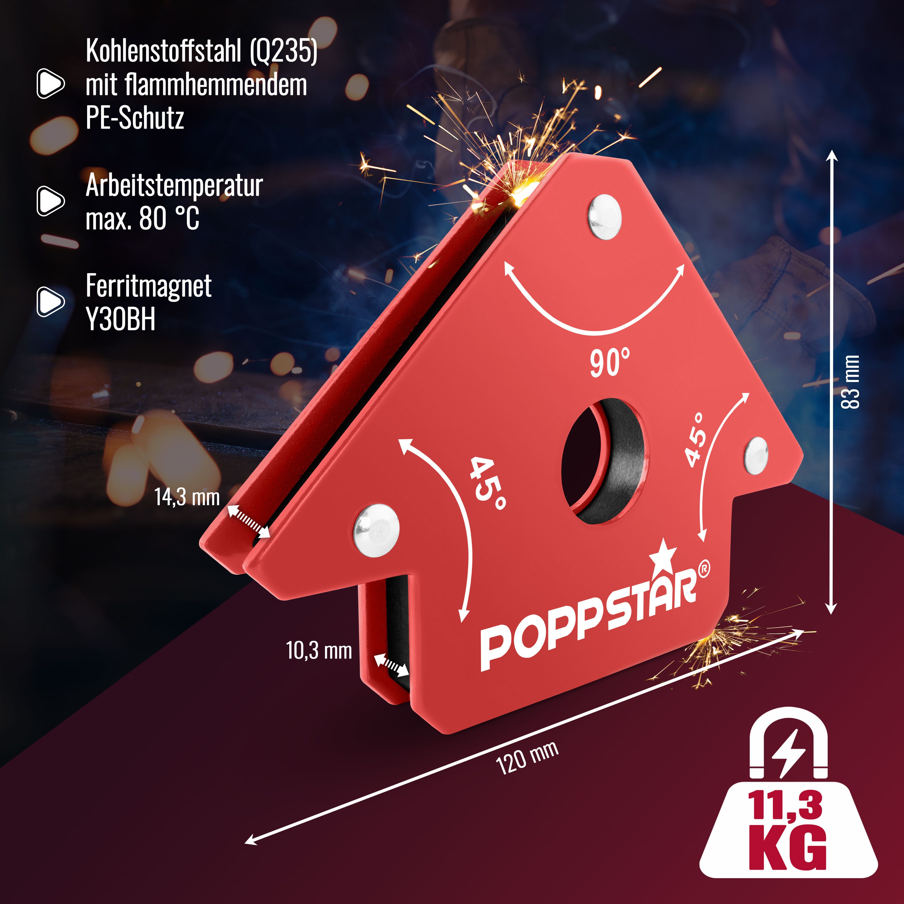 Poppstar Magnethalter Magnet-Schweißwinkel mit Winkelmaßen 45°, 90°, 135° (2-St), Schweißmagnet klein 2er-Set mit Haftkraft 11,3 kg