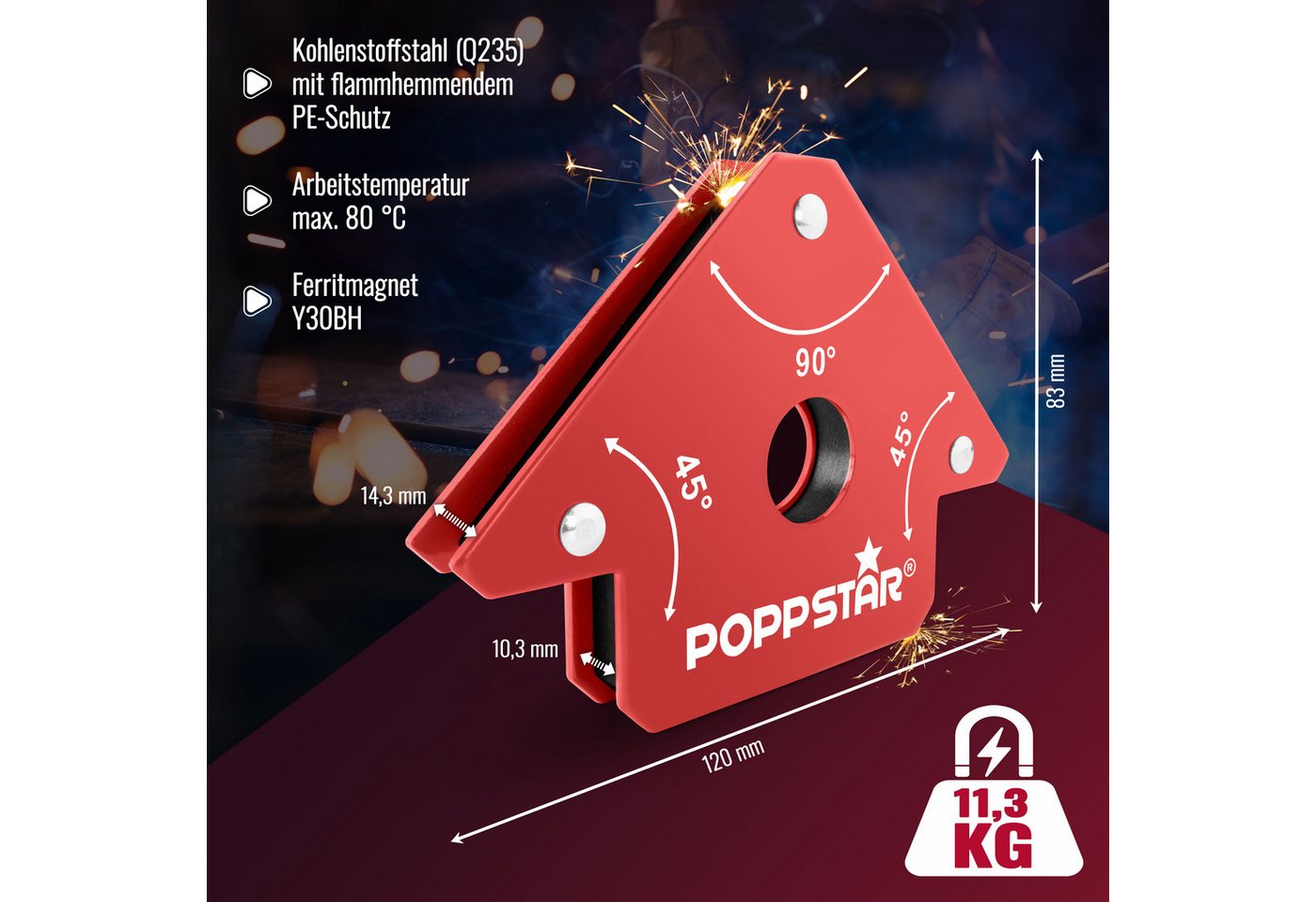 Thumbnail - Poppstar Magnethalter Magnet-Schweißwinkel mit Winkelmaßen 45°, 90°, 135° (2-St), Schweißmagnet klein 2er-Set mit Haftkr...