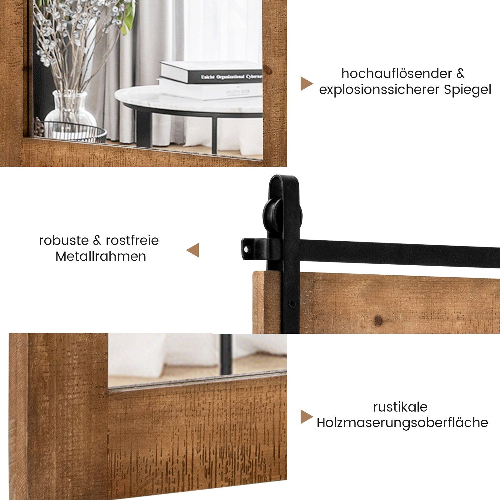 COSTWAY Dekospiegel, mit Holzrahmen und Metallhalterung, 76,5x56cm