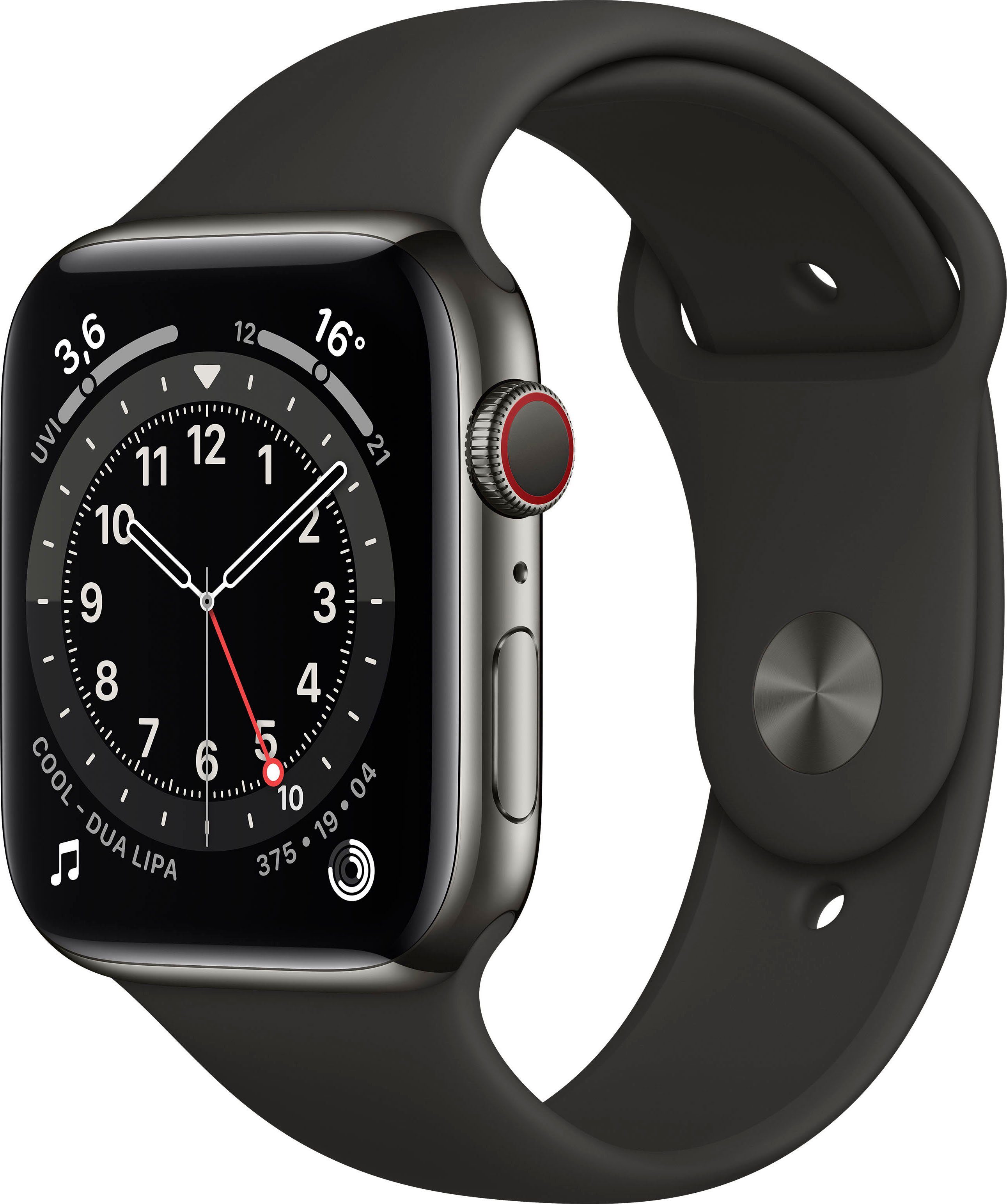 Apple Series 6 GPS + Cellular, Aluminiumgehäuse mit Sportarmband 44mm Watch  (Watch OS), inkl. Ladestation (magnetisches