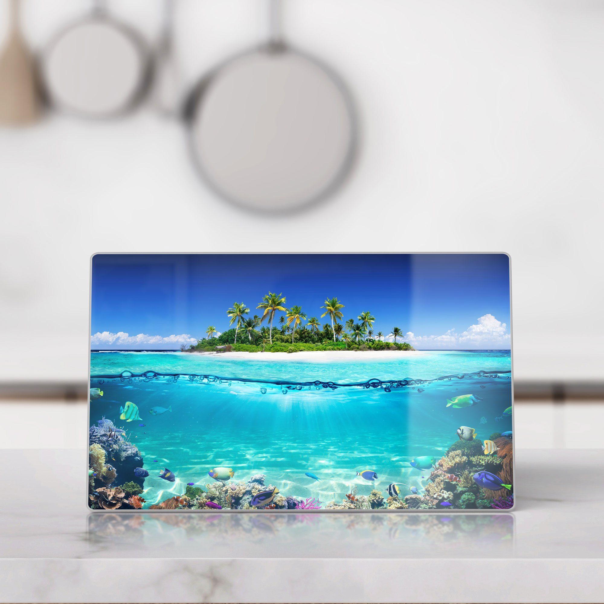 Schneideplatte im Glas, Frühstücksbrett Meer', Platte DEQORI Schneidebrett 'Insel tropischen