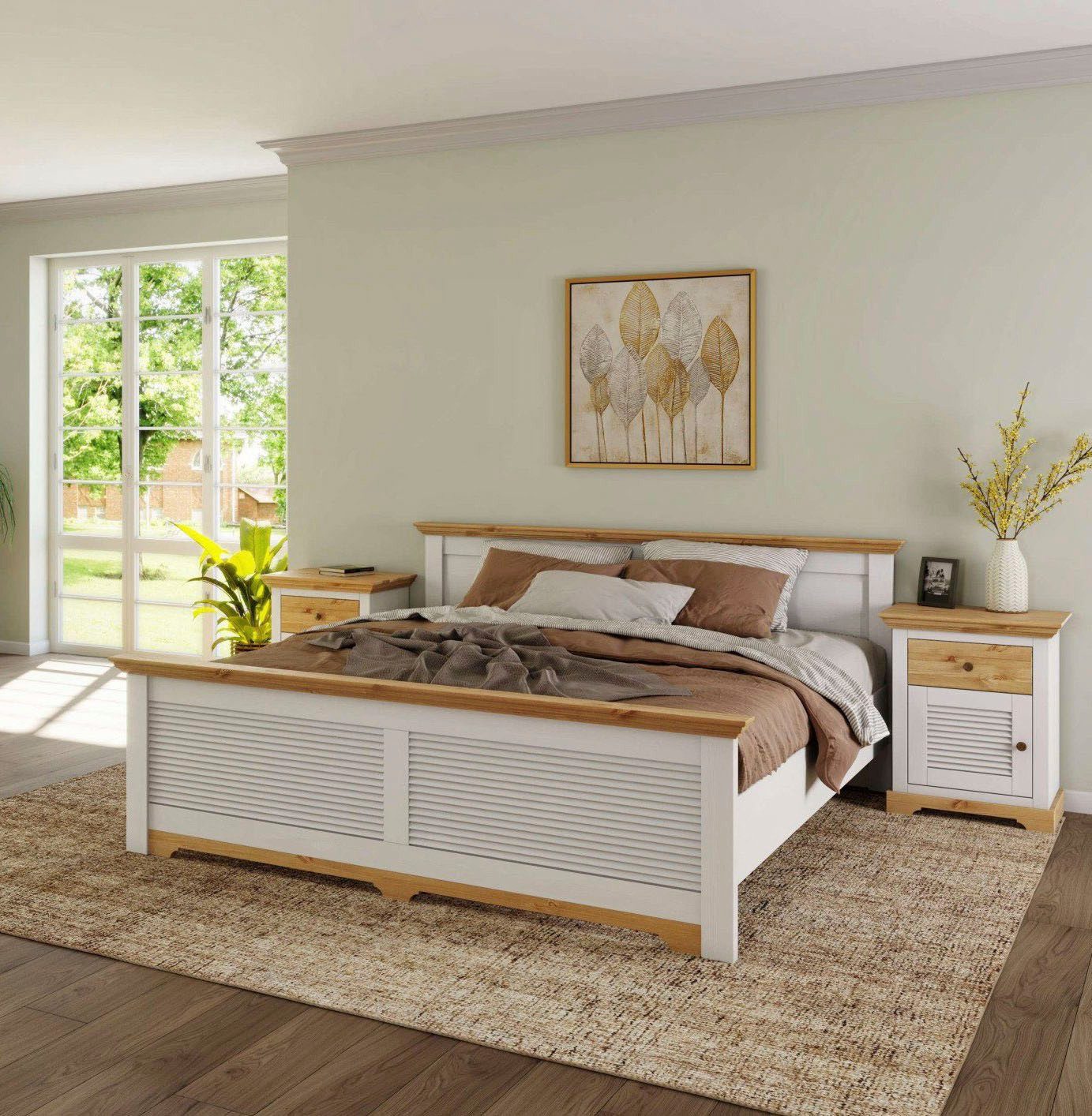 OTTO home Bett Rauna, Landhausstil, edles Design mit Lamellen und Kassetten, 2 Farben (Breite/Belastbarkeit 180cm=220 KG, 90cm=120KG), FSC® zertifiziertes Kieferholz, massive Qualität mit Lattenrost