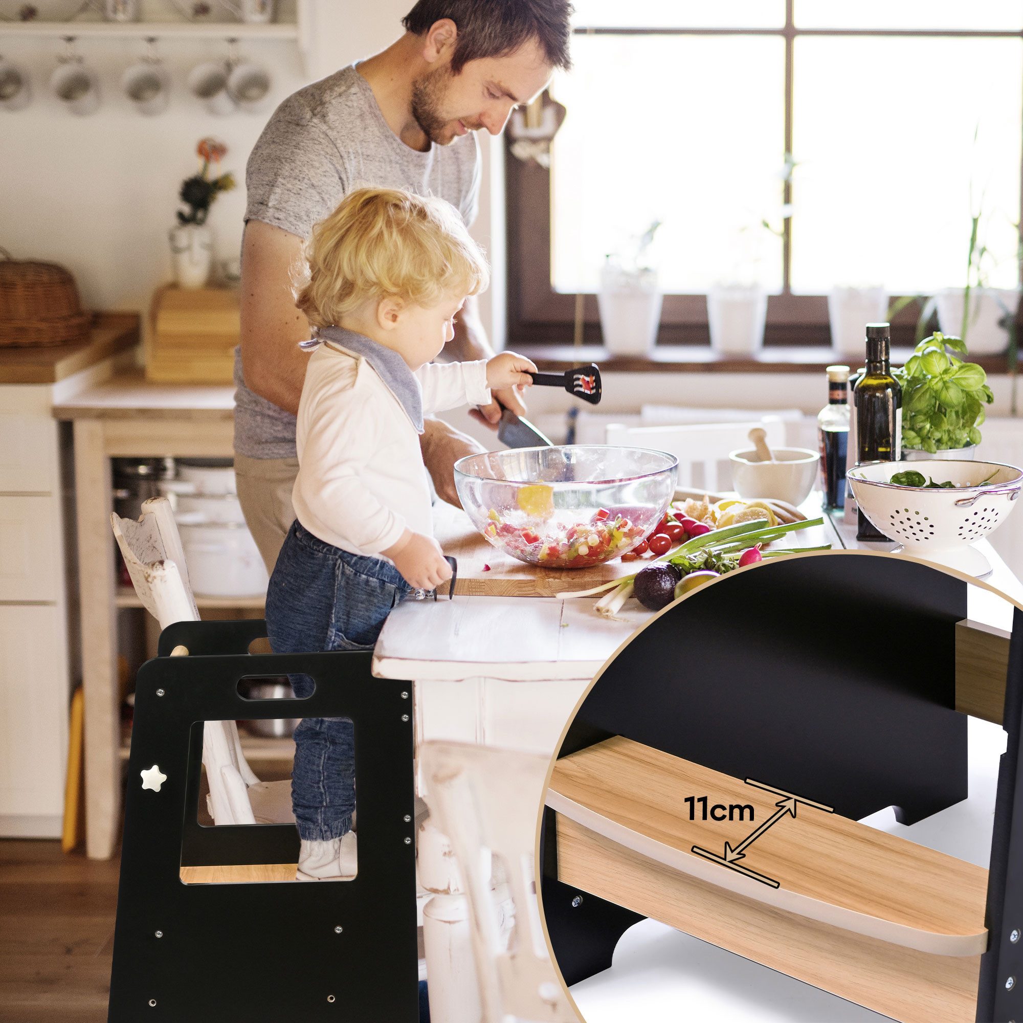 Baby Vivo Stehhilfe Lernturm aus Holz höhenverstellbar Kippschutz - Noah in Schwarz