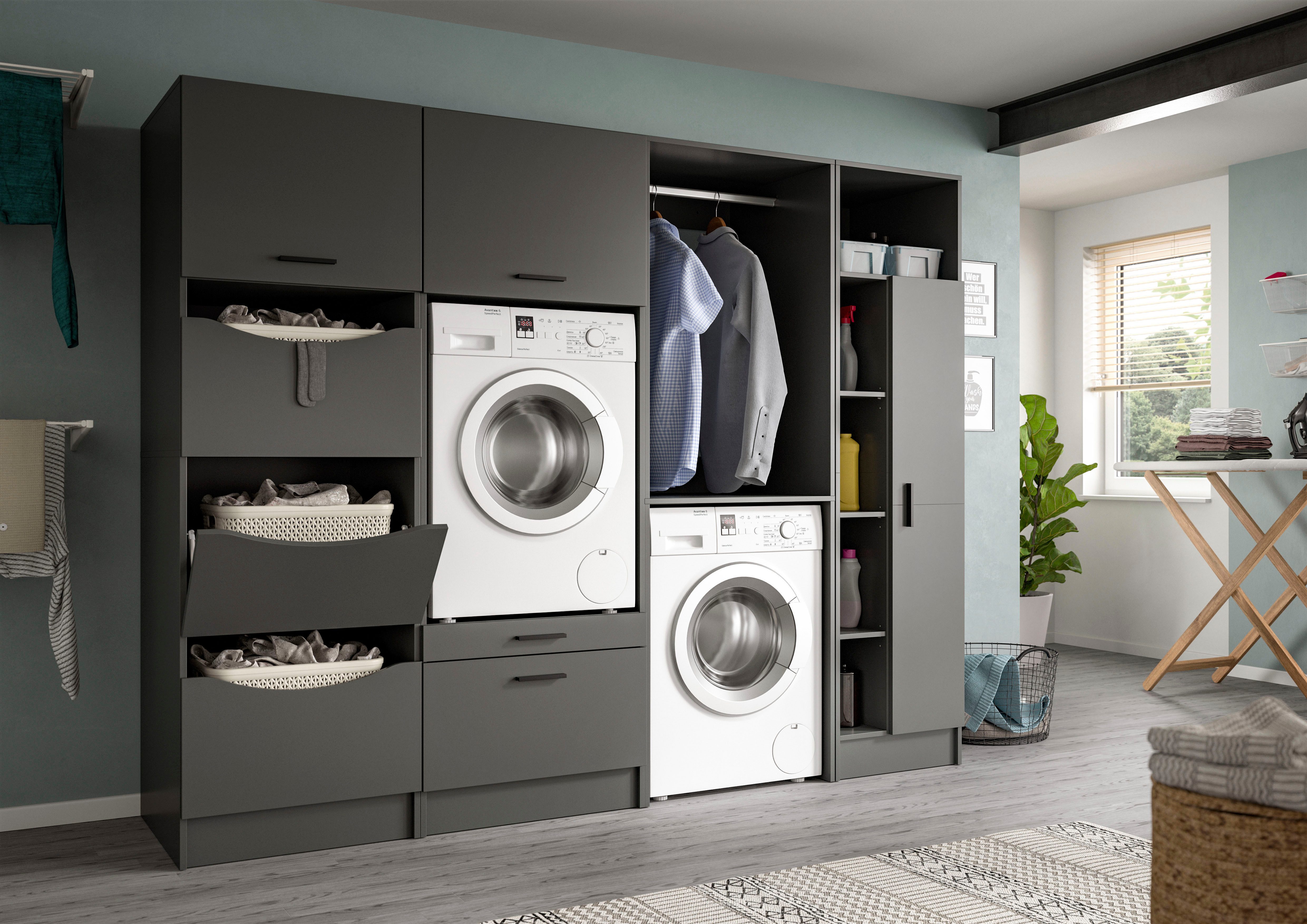 welltime Mehrzweckschrank FALAS, Höhe 195cm, 1 Tür, 1 Kleiderstange, 5 offene Fächer (1-St., in verschiedenen Farben erhältlich) Universalschrank, Wäscheschrank, Badezimmer, Hauswirtschaftsschrank