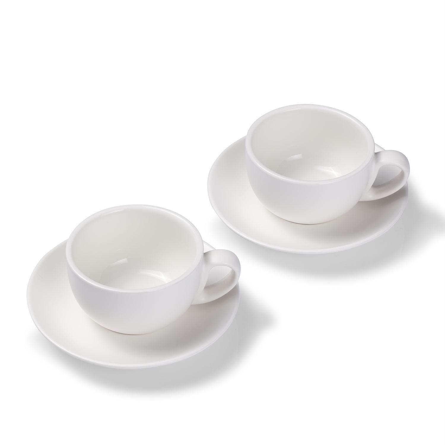 Terra Home Tasse 2er Milchkaffeetassen-Set, Weiß matt 350 ml mit Untertasse, Porzellan, spülmaschinenfest,extra dickwandig