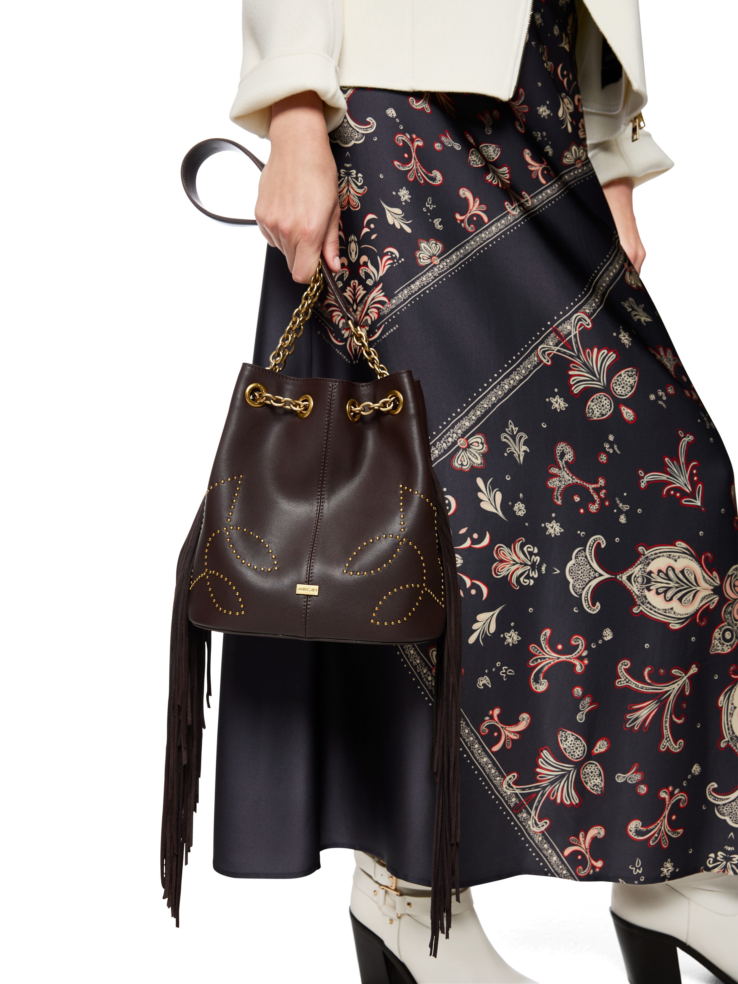 Marc Cain Beuteltasche Collections, Damen Umhängetasche, Fransentasche, Western Bag mit Nieten verziert