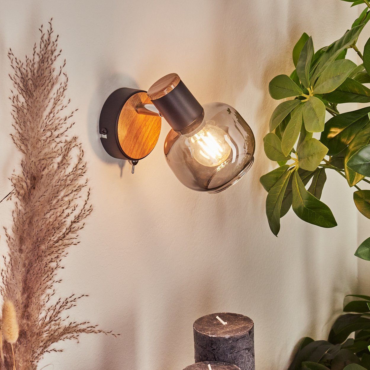 Schirm hofstein in Leuchte x mit moderne (10 cm), Wandlampe Metall/Holz/Glas Wandleuchte 1 E14 Leuchtmittel, ohne Schwarz/Natur/Rauchfarben, verstellbarem