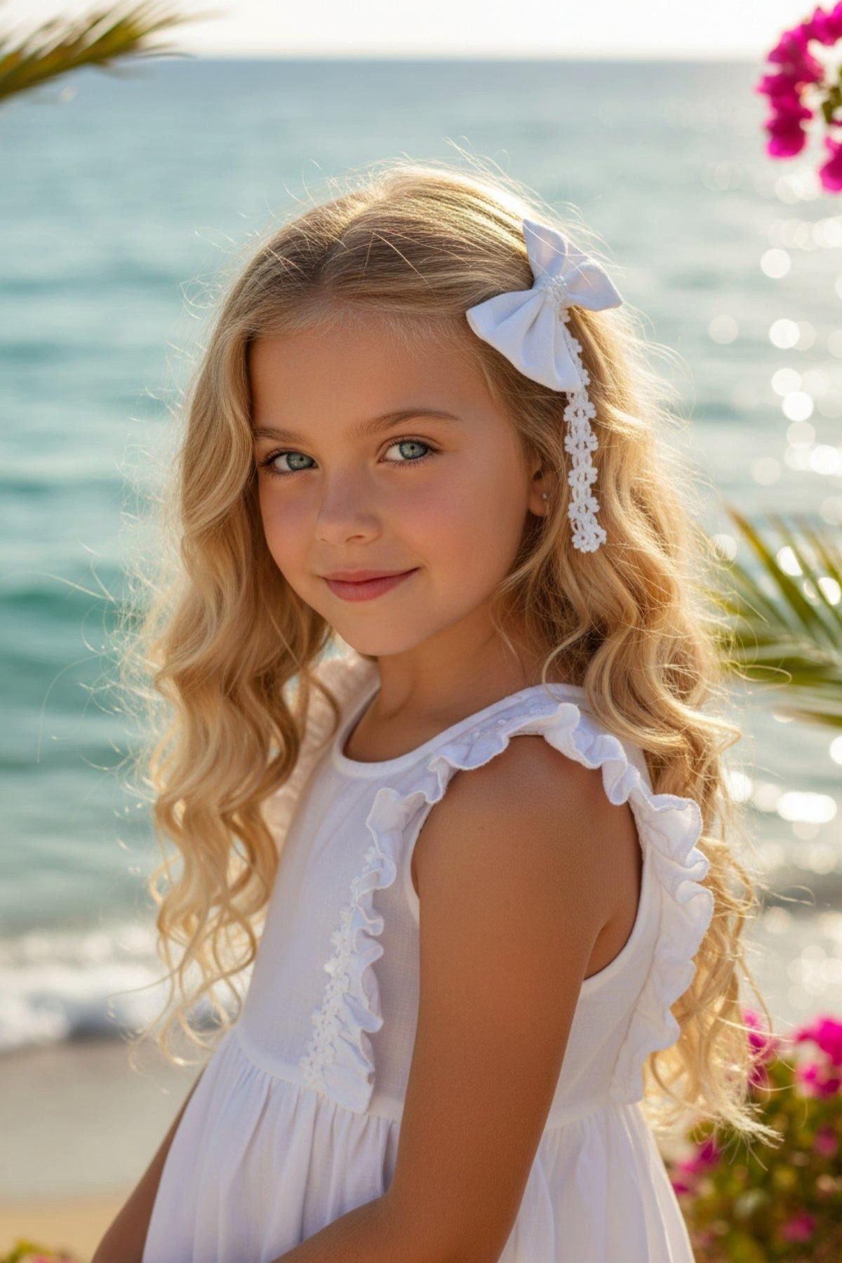 Parla Kids Sommerkleid Kurzärmeliges Kleid in Weiß mit Spitzendetails und Haarspange Rüschensaum - Unterkleid - Haarspange