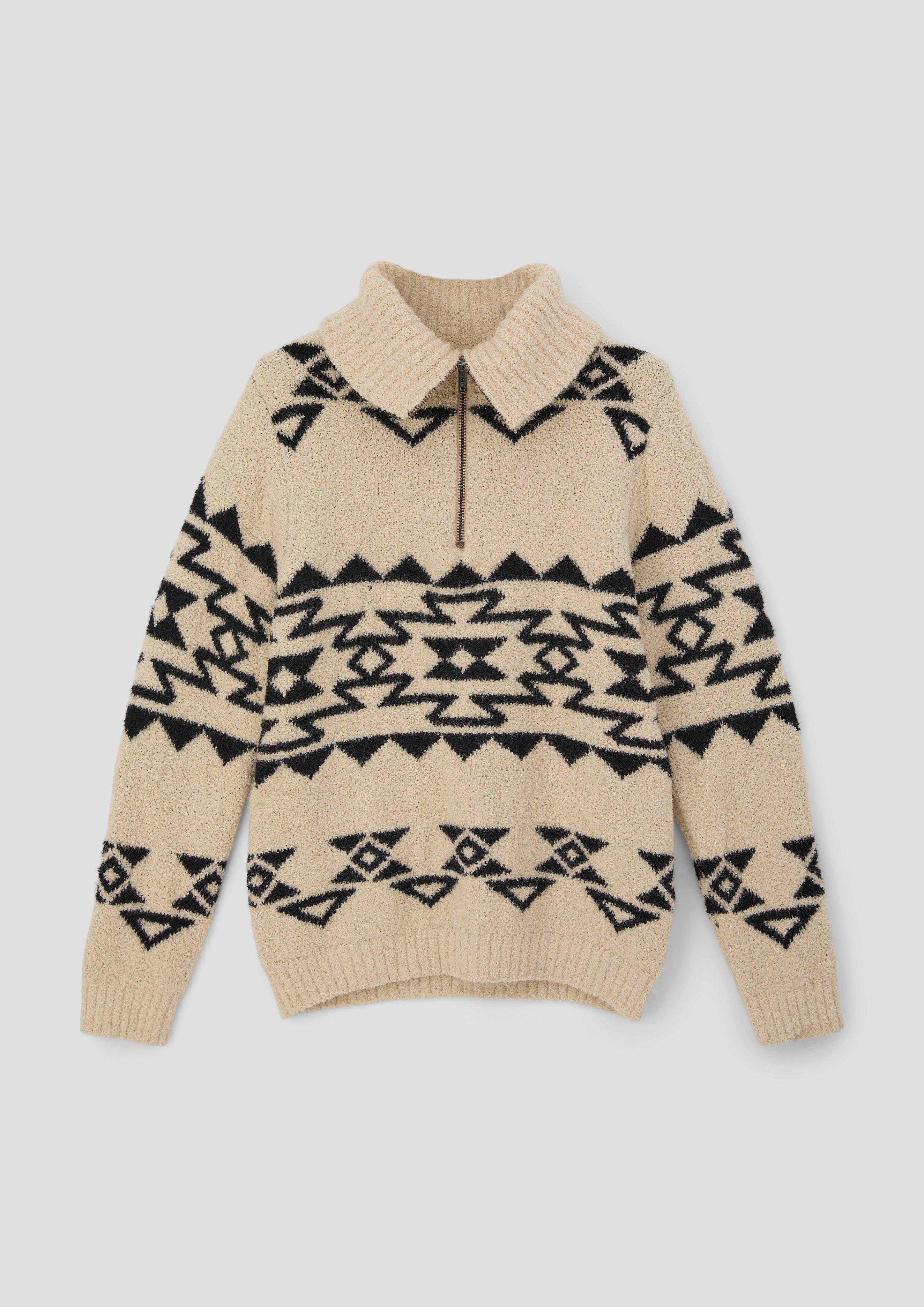 s.Oliver Strickpullover Bouclépullover mit Troyer-Kragen Rippbündchen