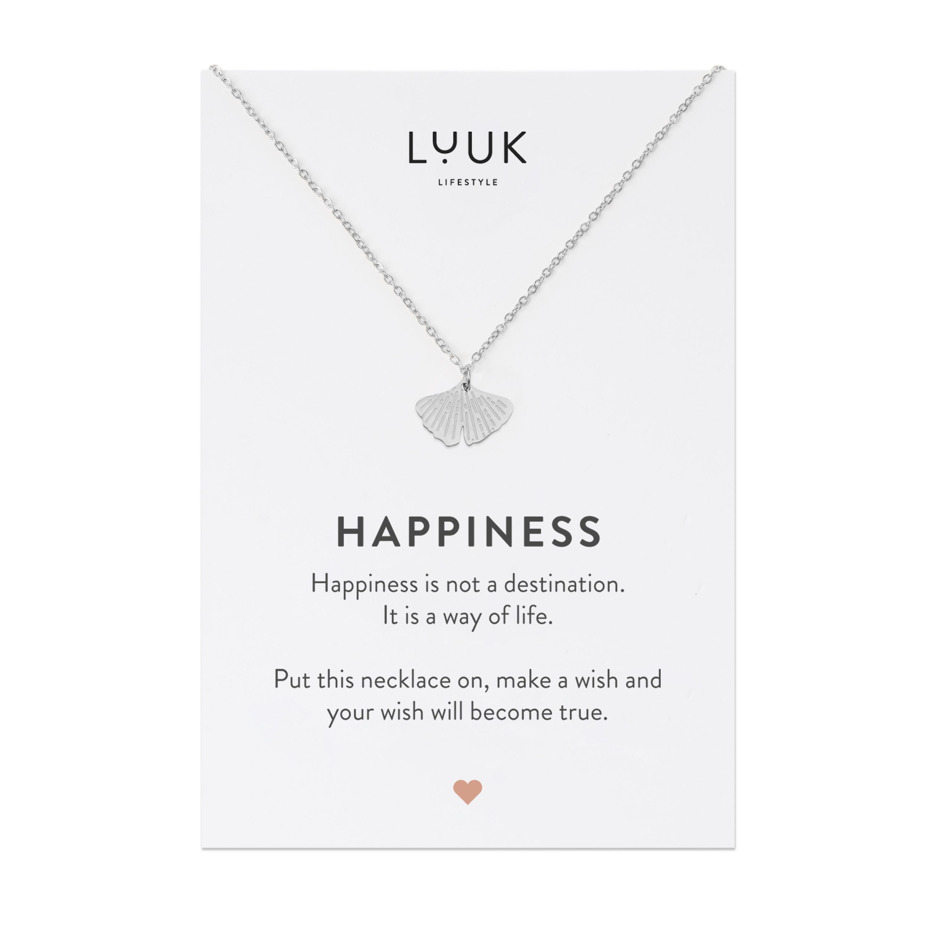 LUUK LIFESTYLE Kette mit Anhänger Ginkgo, Geschenkidee, Symbol für Natur und Gelassenheit, Damenschmuck, Yoga, Zen, Edelstahl, Ginkgo Blatt Anhänger und HAPPINESS Geschenkkarte, Silber