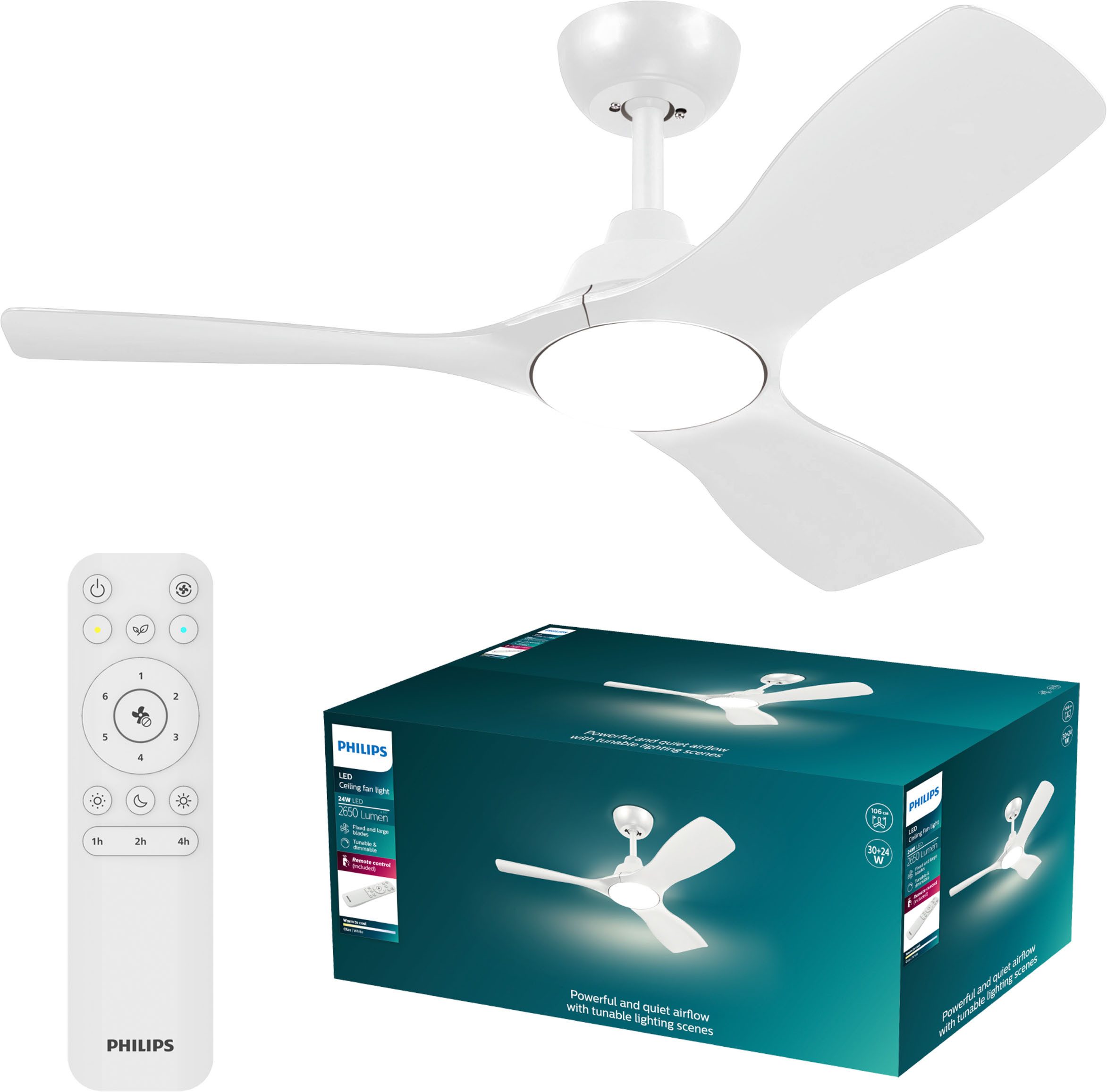 Philips LED Deckenleuchte Olas 24W DC-Ventilator 30W, fixe Rotorblätter, ⌀ 106cm, schwarz-braun, CCT - über Fernbedienung, Dimmer, Dimmfunktion, Ein-/Ausschalter, Farbsteuerung, Fernbedienung, Infrarot inkl., Memoryfunktion, Ventilatorfunktion, dimmbar über Fernbedienung, mehrere Helligkeitsstufen, LED fest integriert, warmweiß - kaltweiß, 3000-6500 Kelvin, dimmbar mit Fernbedienung, 2650 Lumen