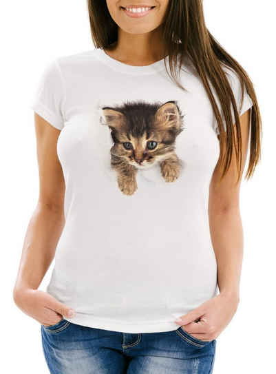 MoonWorks Print-Shirt Damen T-Shirt Katze Katzenmotiv Katzenbaby Tiermotiv Slim Fit Moonworks® mit Print