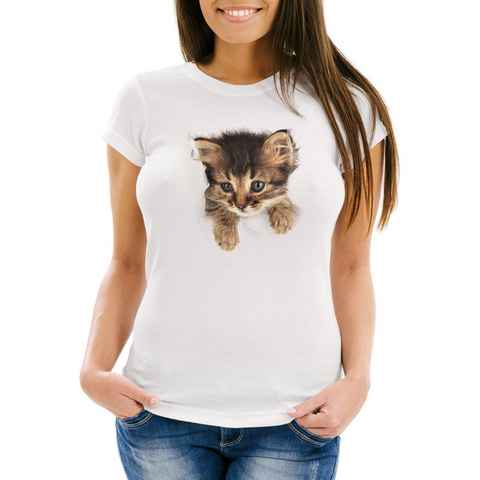 MoonWorks Print-Shirt Damen T-Shirt Katze Katzenmotiv Katzenbaby Tiermotiv Slim Fit Moonworks® mit Print