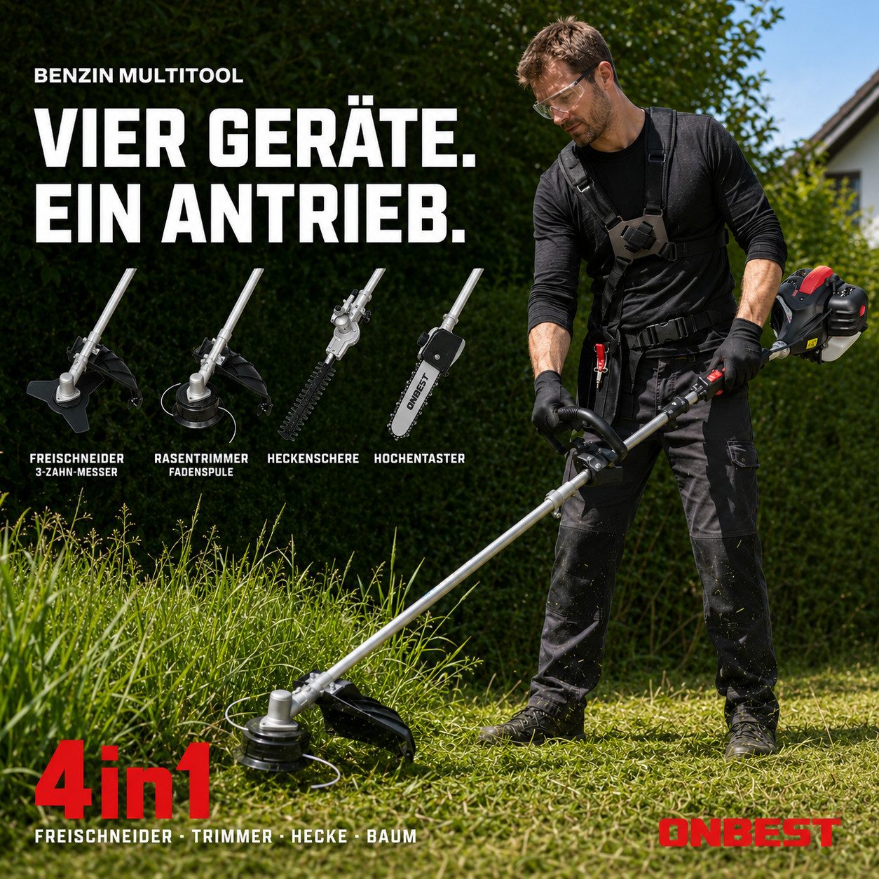 Onbest Benzin-Motorsense MT1452 Multitool 4in1, 25,5 cm Arbeitsbreite Messer, 45 cm Arbeitsbreite Faden, 52 cm³, 9200 U/min, 1,2 Liter, Tragegurt