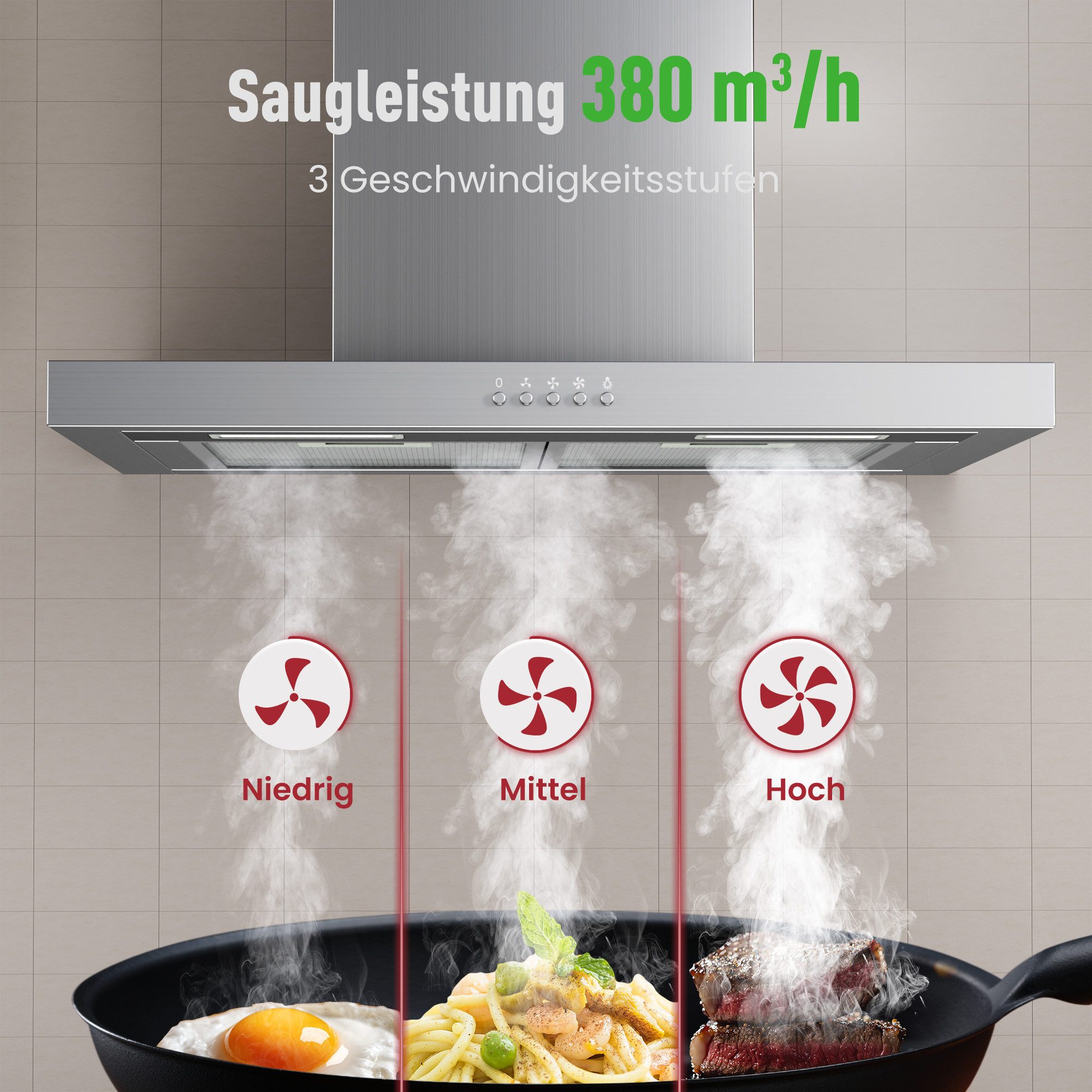 Levivo Wandhaube A++ 380 m³/h Dunstabzugshaube 60cm Umluft & Abluft A++ 380 m³/h Dunstabzugshaube 60cm Umluft & Abluft, Aktivkohlefiltern, Fettfiltern, LED-Beleuchtung