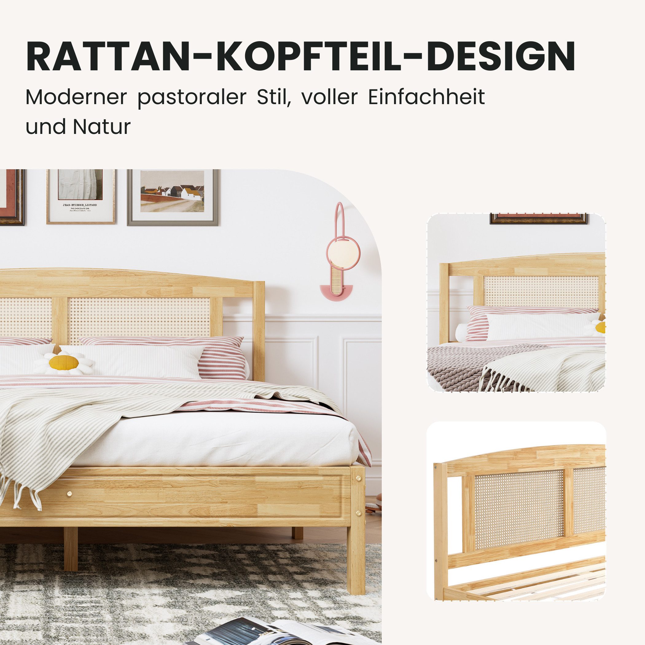 SeedWave Massivholzbett Doppelbett mit Rattan Bettkopfteil, Holzbett, Lattenrosten,160X200cm