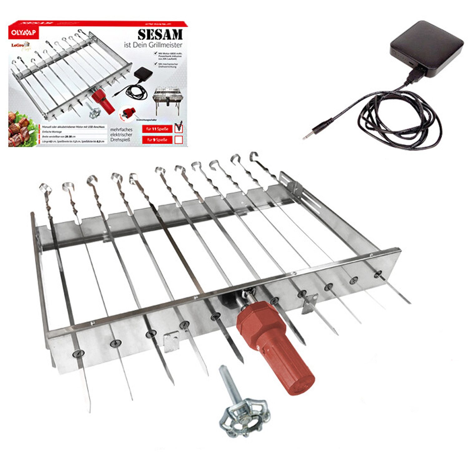 Olymp Handels GmbH Drehspieß Mangal Aufsatz Spießdreher Edelstahl Sesam für 11 Spieße