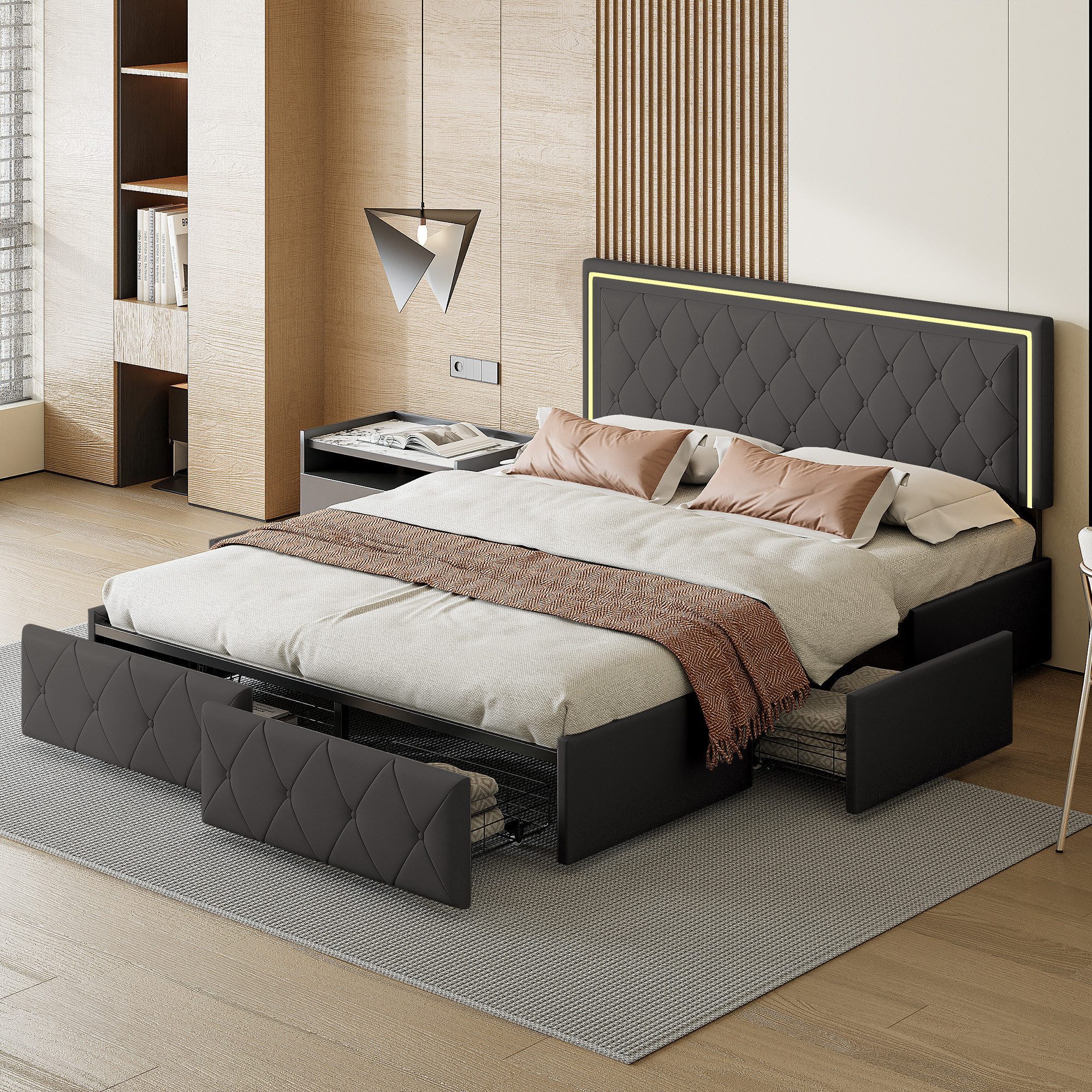 Furnishings Home Polsterbett Doppelbett LED Stauraumbett Modern (inkl. Verstellbare Kopfteilhöhe, Vier Schubladen), Mit LED-Beleuchtung, Lattenrost, Kunstleder, 140x200 cm