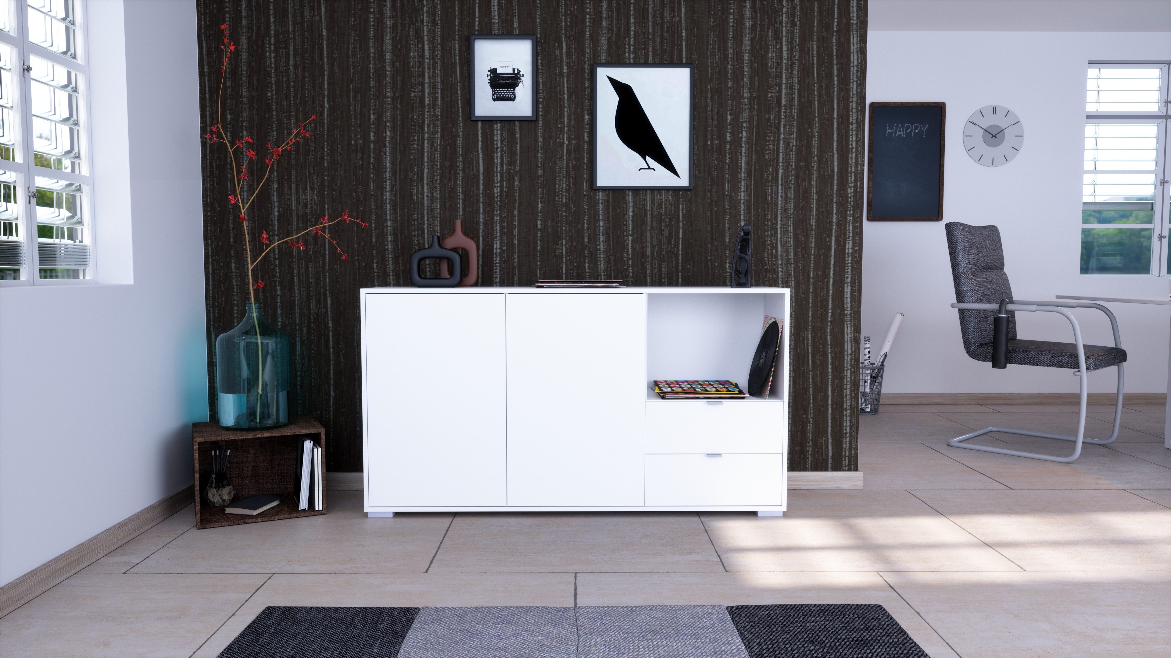 Vladon Sideboard Milano (Kommode mit 2 Türen Weiß matt, 2 Schubladen Weiß matt, Made in Germany), Korpus Weiß matt (152,5 x 83 x 37 cm)