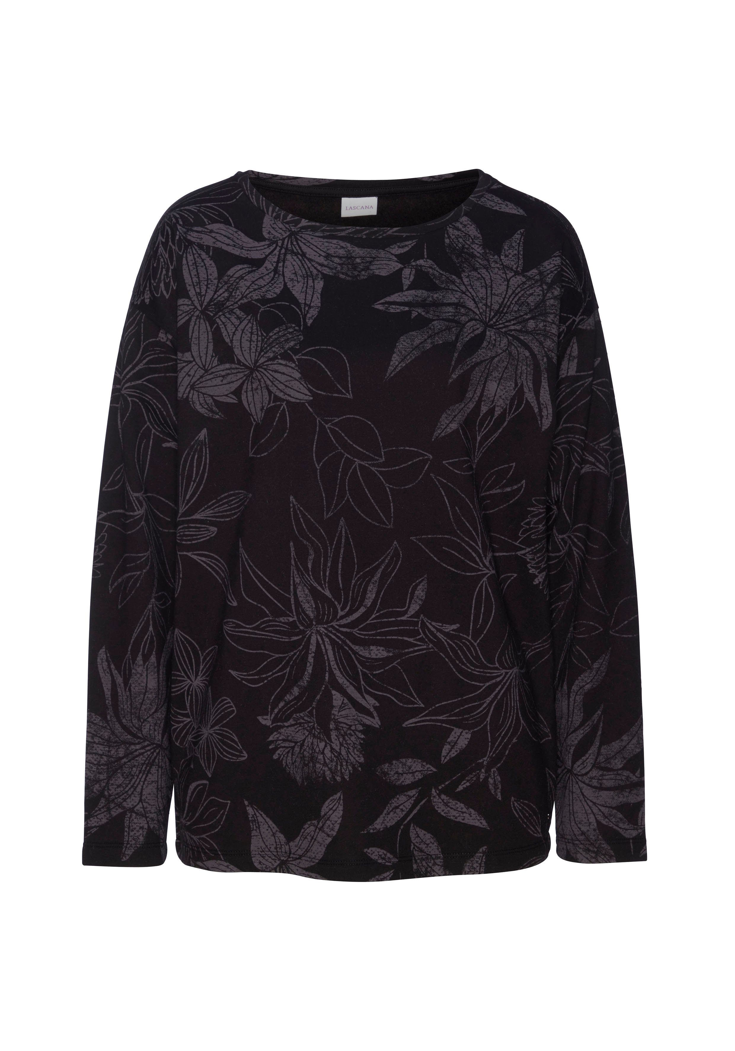 Loungeanzug schwarz-gemustert Alloverdruck, Sweatshirt mit floralem LASCANA Loungewear,