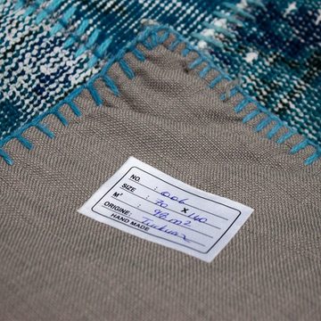 Wollteppich Original Handgeknüpft, Vimoda, Rechteckig, Höhe: 5 mm, Turkis, Blau, Hochwertiger, VINTAGE Patchwork Teppich, 70 x 140 cm