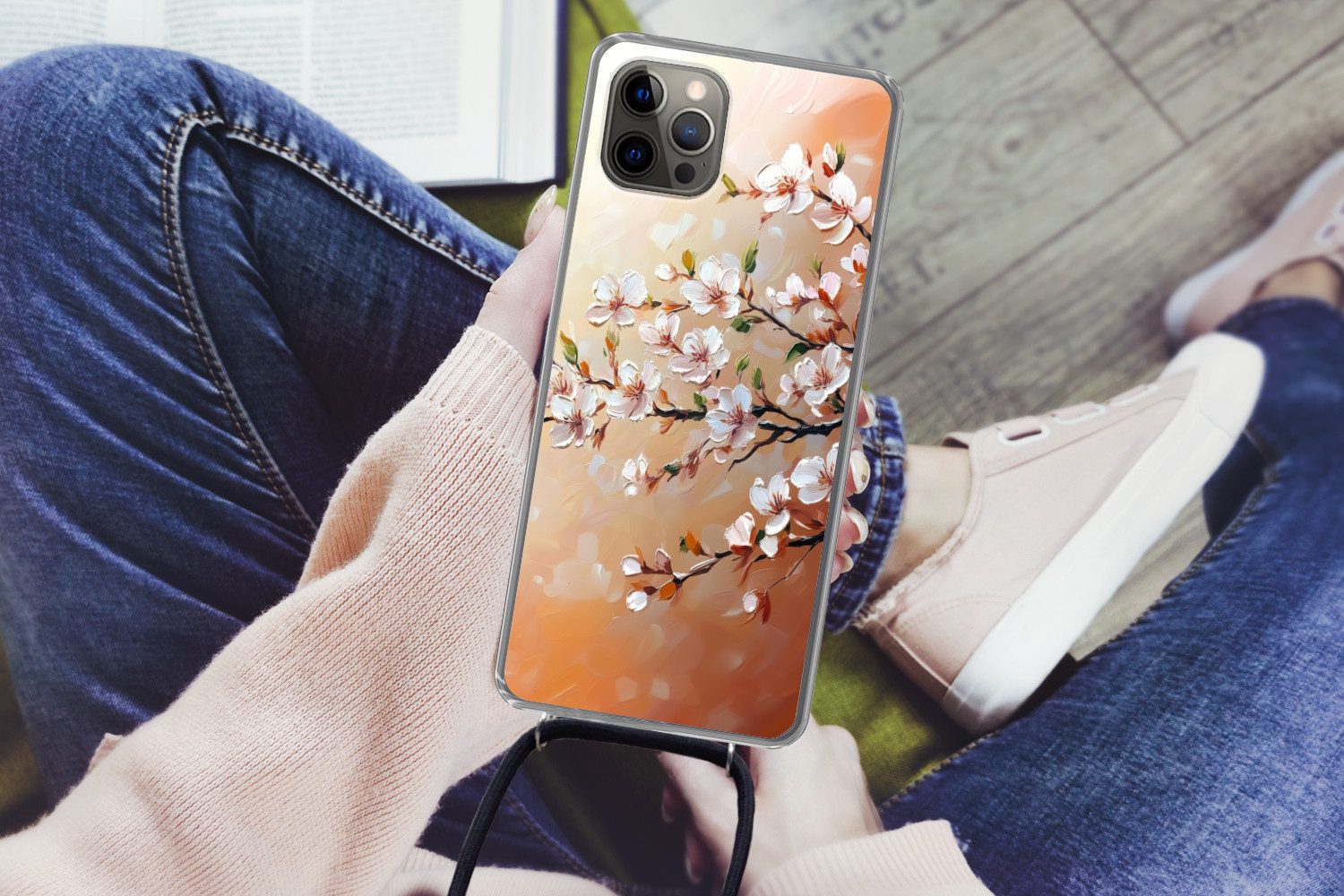 MuchoWow Handyhülle für Apple iPhone 13 Pro Blütenzweige - Malerisch - Rosa, Tragbare Handyhüllen mit Kette zum umhängen, Handykette Handyband