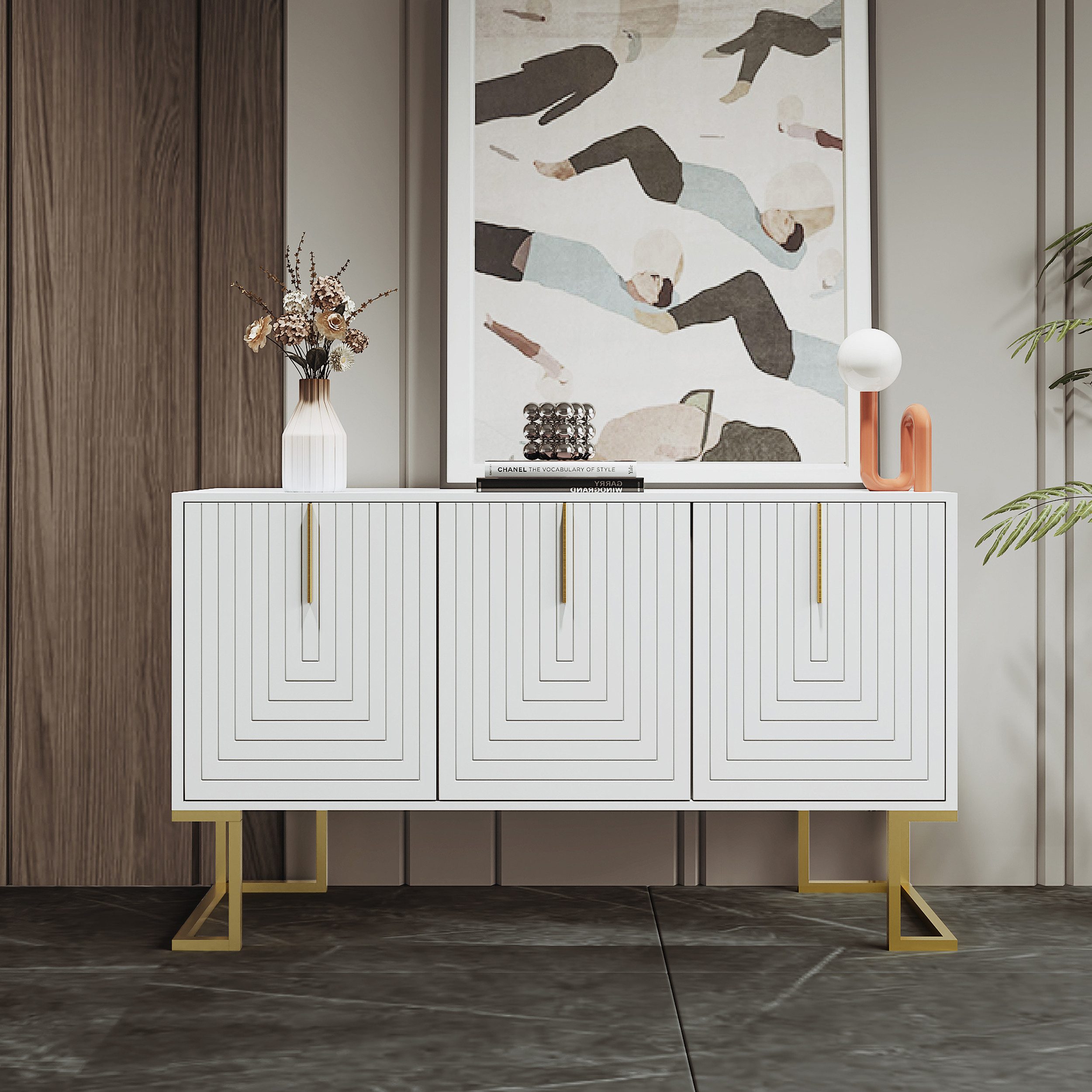 Flieks Sideboard mit 3 Türen (1 St., 138x40x80,5 cm), Mehrzweckschrank Wohnzimmerschrank mit verstellbare Regalen Weiß