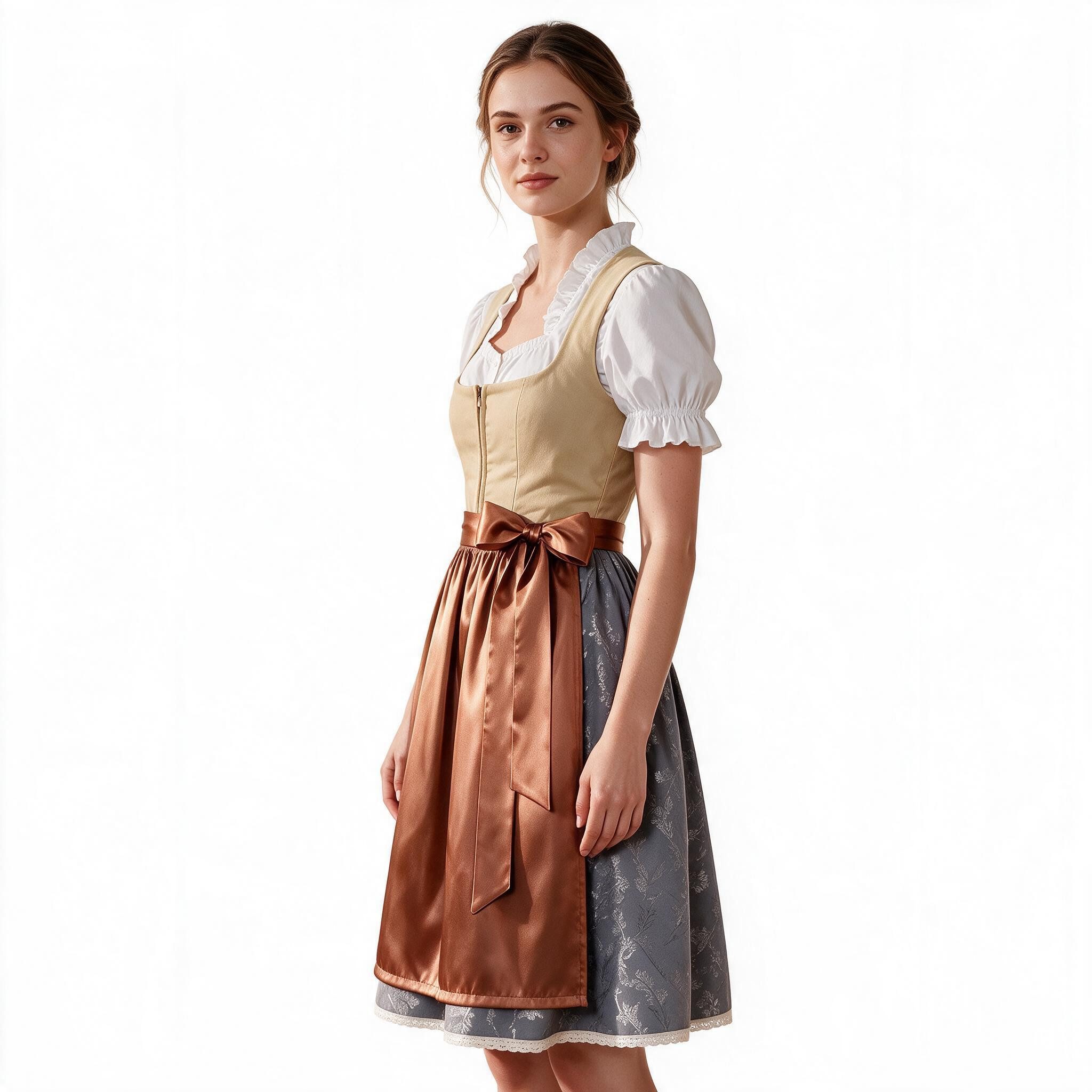 Palms-Store Dirndl Katharina, Modernes Trachtenkleid mit Satin-Schürze (Spar-Set) in klassischer Länge (ca. 105 cm)