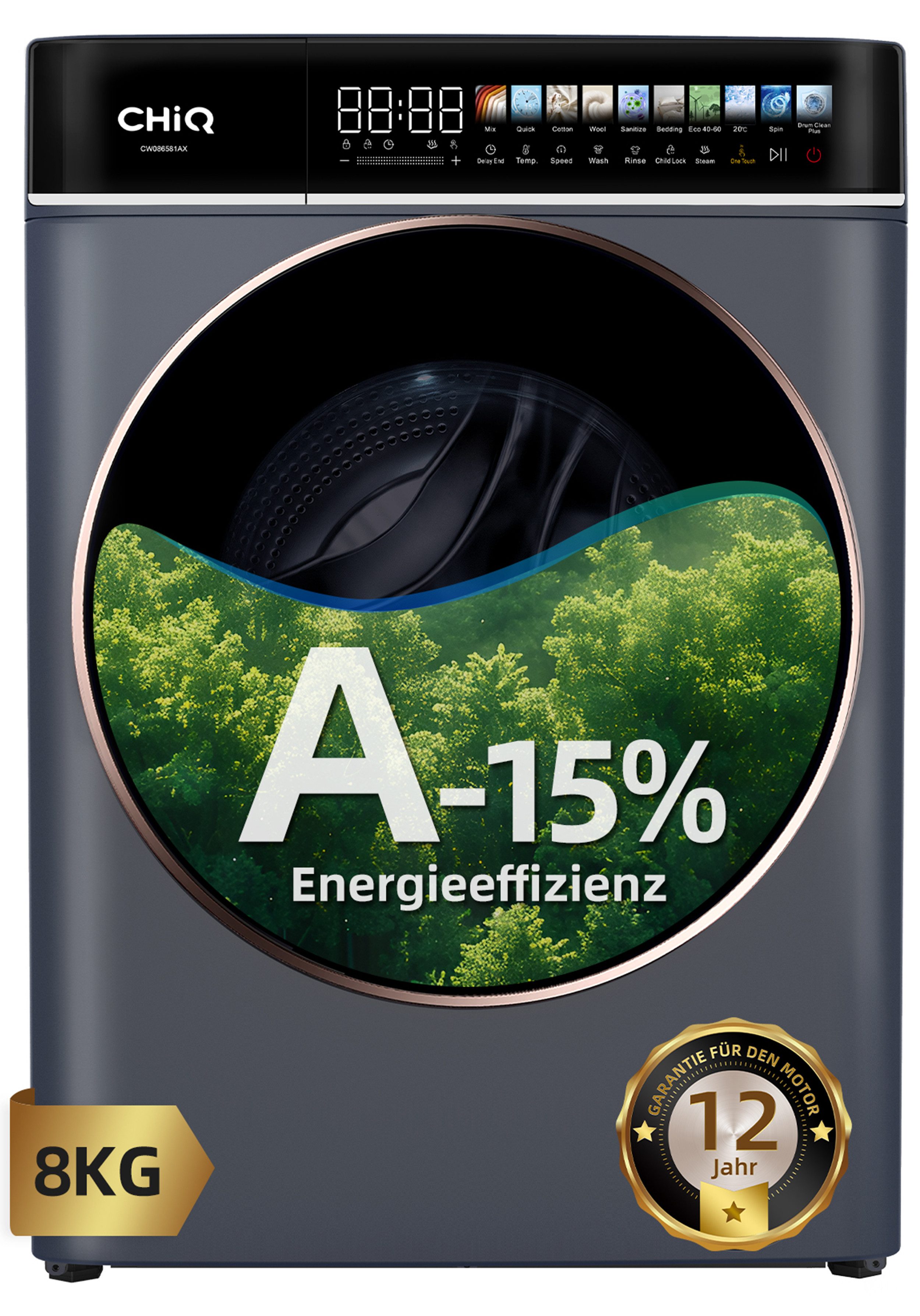 CHiQ Waschmaschine Frontlader CW086581AX, 8 kg, 1400 U/min, LED-Touchscreen, EEK A-15%, 12 Programme