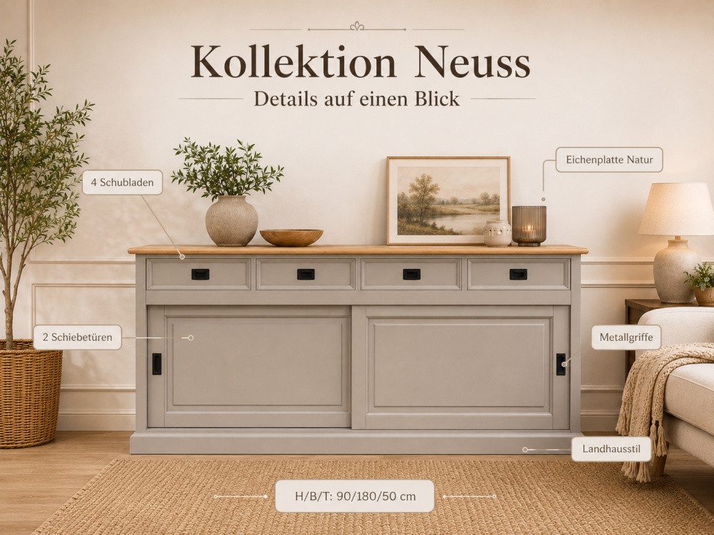 Wohnpalast Buffet Sideboard Neuss graubeige/eiche 180 cm mit Schiebetüren im Landhaus St