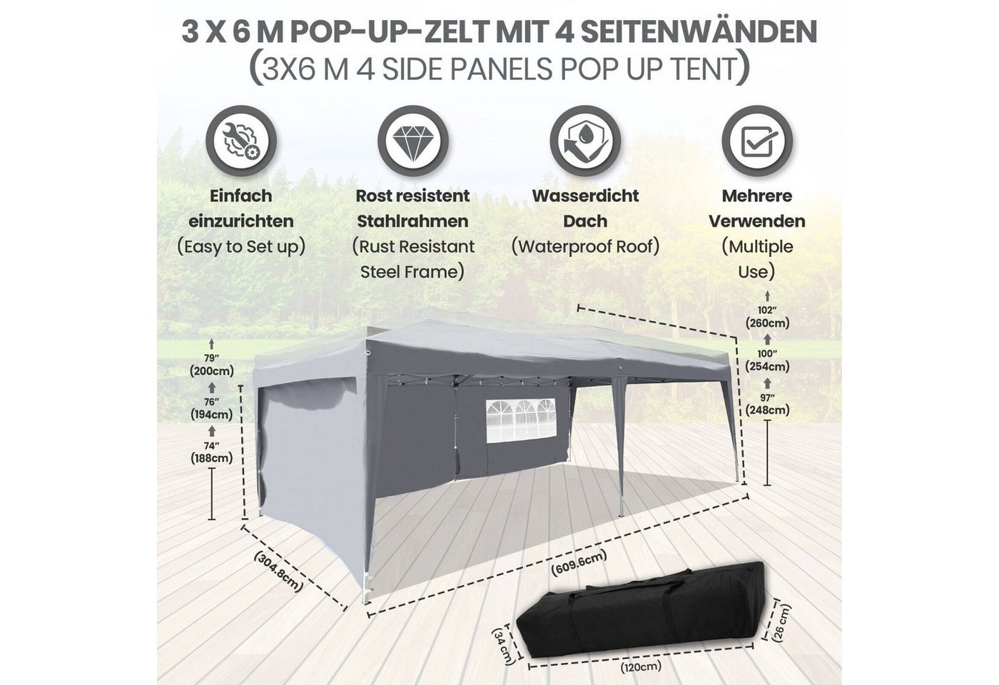 Thumbnail - Defactoshop Faltpavillon Pavillon Faltpavillon 3x6m Partyzelt Gartenzelt Klappzelt, mit 3 Seitenteilen, 300x600 cm