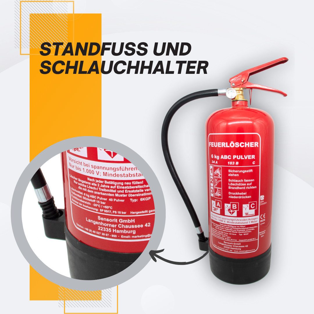 Sensorit Pulver-Feuerlöscher 6kg Pulverlöscher, Feuerlöscher, ABC inkl. Halterung und Prüfschild